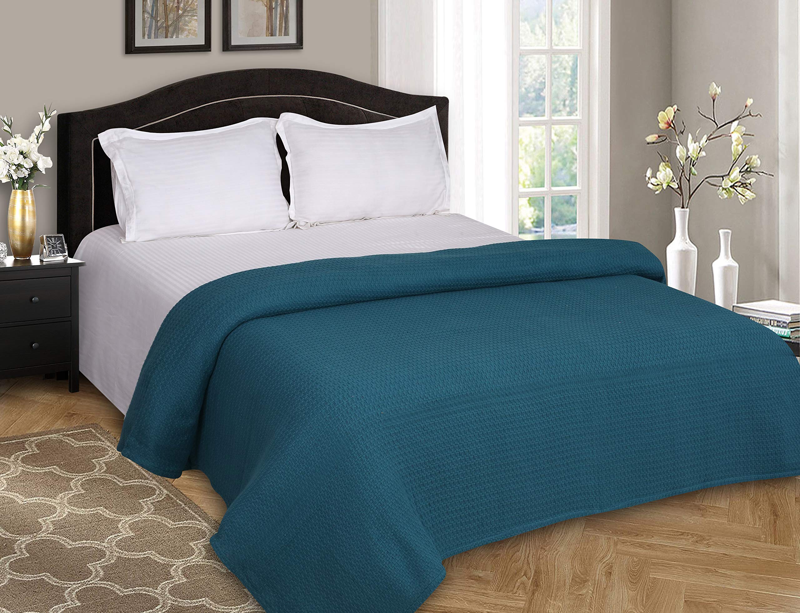 Elvana Home 100% Cotton Twin Size Thermal Blanket - Breathable All Season Bed Blanket for Layering - Soft Teal Green Blanket for Bedroom, Guest Room & Dorm Use