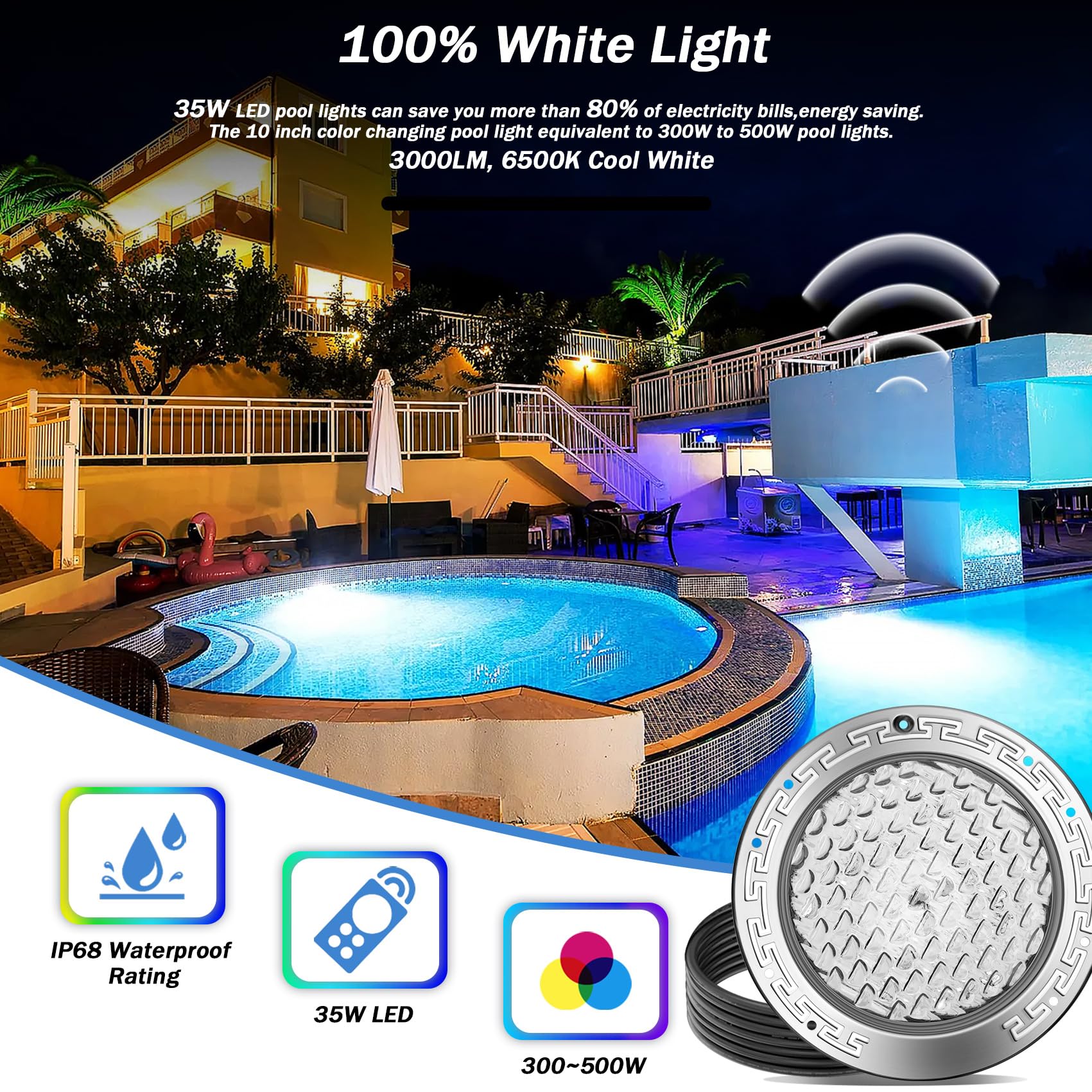 5G 10-Inch 12VAC White LED Pool Lights for Inground Pools - 50ft Waterproof Cord, Submersible Wet Niche Lighting for 10-Inch Pools (12V AC White) - Perfect for Night Swimming, Pool Parties & Backyard Decor