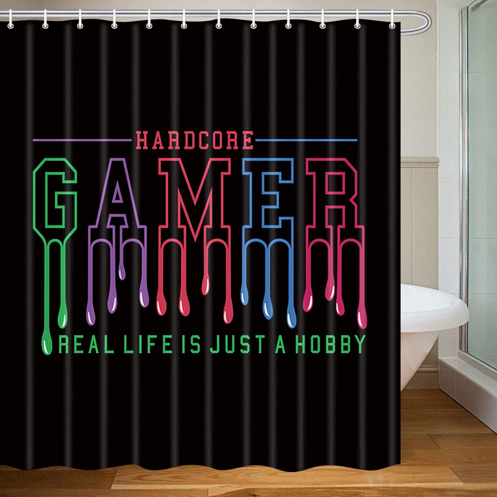 Colorful Aesthetic Gamer Shower Curtain for Kids & Boys Bathroom - Hippie Funny Black Fabric Shower Curtain with 12 Hooks (71x71 Inches) - Perfect for Teen Bedrooms, Gaming Themed Bathrooms & Funky Home Decor