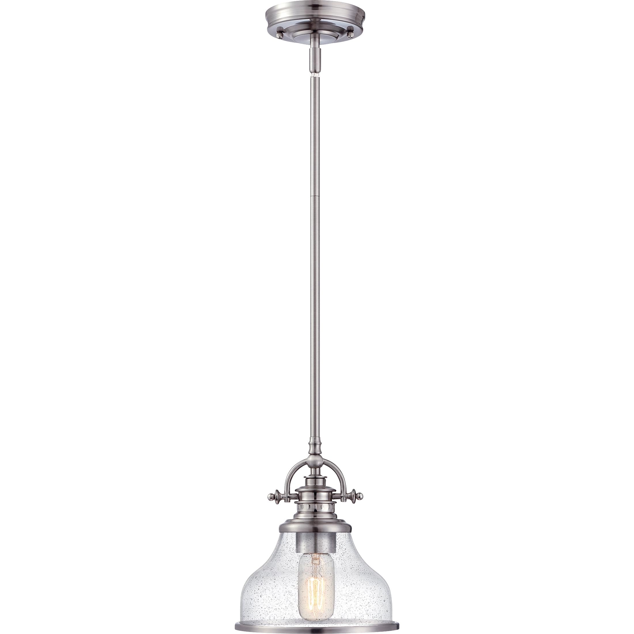 Quoizel Grant Mini Pendant Light Fixture - 8 Inch Brushed Nickel with Clear Seeded Glass Shade - Single Bulb Hanging Ceiling Light for Kitchen Island, Dining Room, Bedroom, Hallway, Bar, Cafe & Office - Perfect for Modern & Industrial Home Decor
