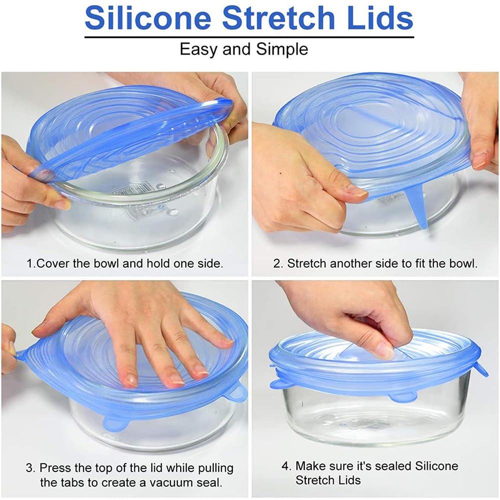 Stretchable Silicone Food Covers - Reusable Bowl Lids Set of 6 (Multiple Sizes) for Round, Square & Rectangular Containers | Perfect for Meal Prep, Leftovers Storage & Microwave Use