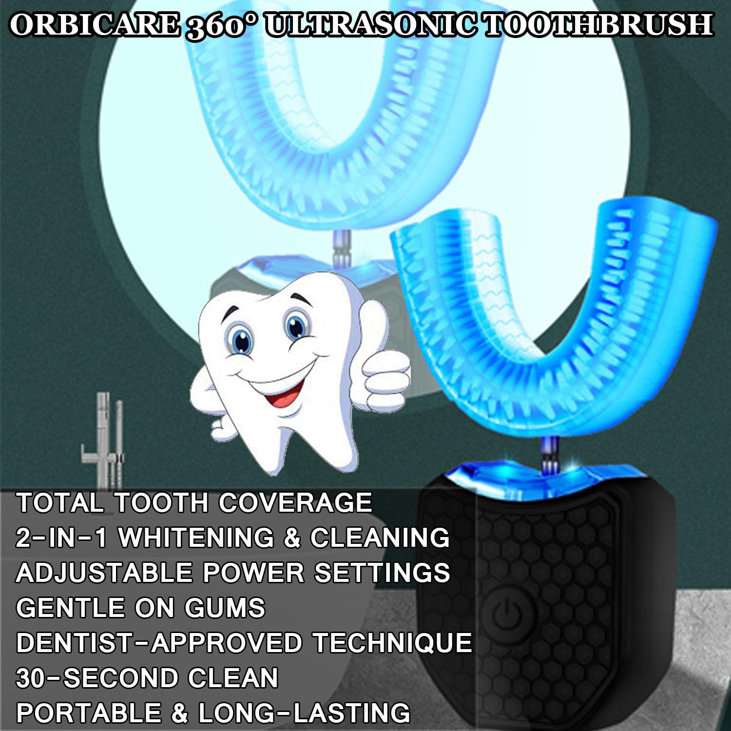 Orbicare 360° Ultrasonic Toothbrush - 2-in-1 U-Shaped Electric Toothbrush with Soft Bristles for Deep Cleaning & Teeth Whitening - 3 Power Modes for Oral Health Care - Perfect for Travel, Home & Daily Dental Hygiene (3 Pack, Black, 4 Inch)