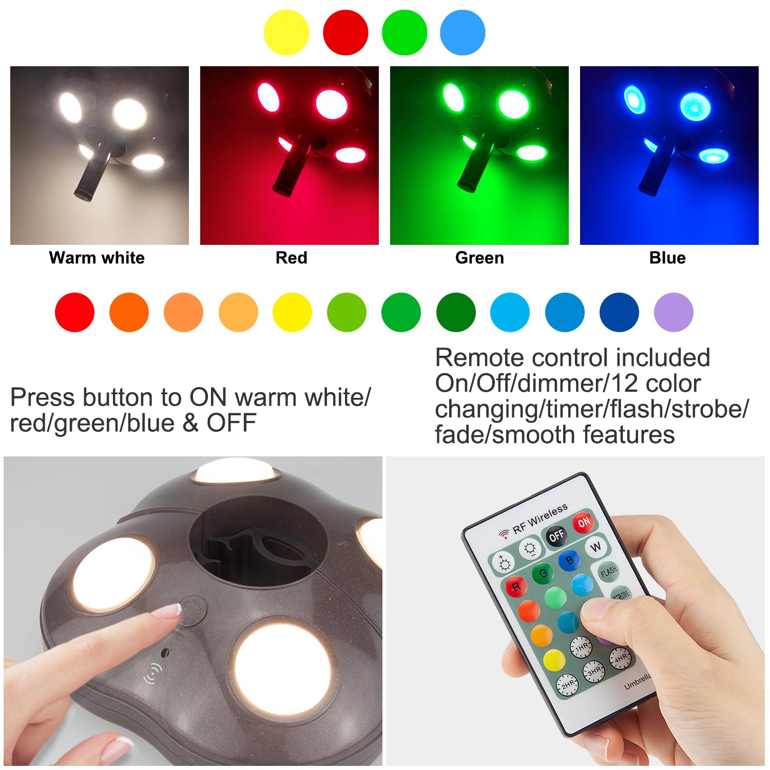 BIGMONAT Battery Operated Patio Umbrella Light with Remote - Outdoor Table Umbrella Pole Light, Wireless Color Changing Camping Tent Lights, Dimmable 250 Lumens for Backyard, Deck, Garden & Outdoor Dining