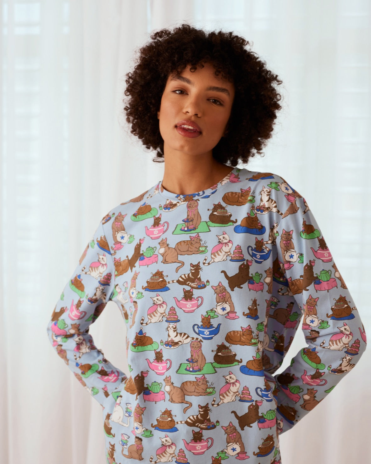 Organic Cotton Cat Tea Party Print Long Pajama Set for Women - Cute & Comfortable Sleepwear for Loungewear, Sleepovers & Cozy Nights at Home