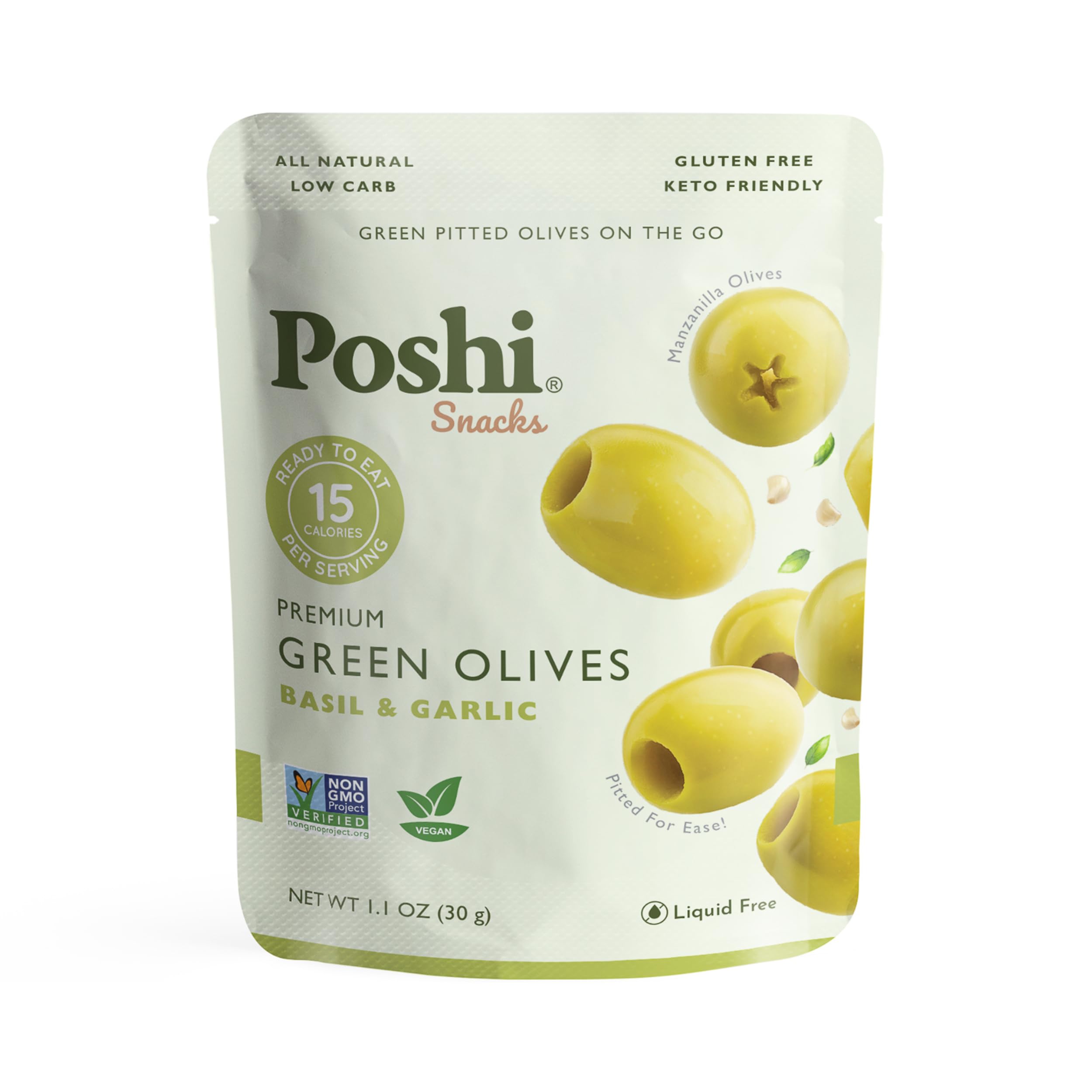 Poshi Green Pitted Olives with Basil & Garlic - 30 Pack (1.1oz Bags) | Vegan, Kosher, Gluten Free, Keto Friendly | Healthy Low Calorie Snack for On-the-Go, Picnics & Charcuterie Boards