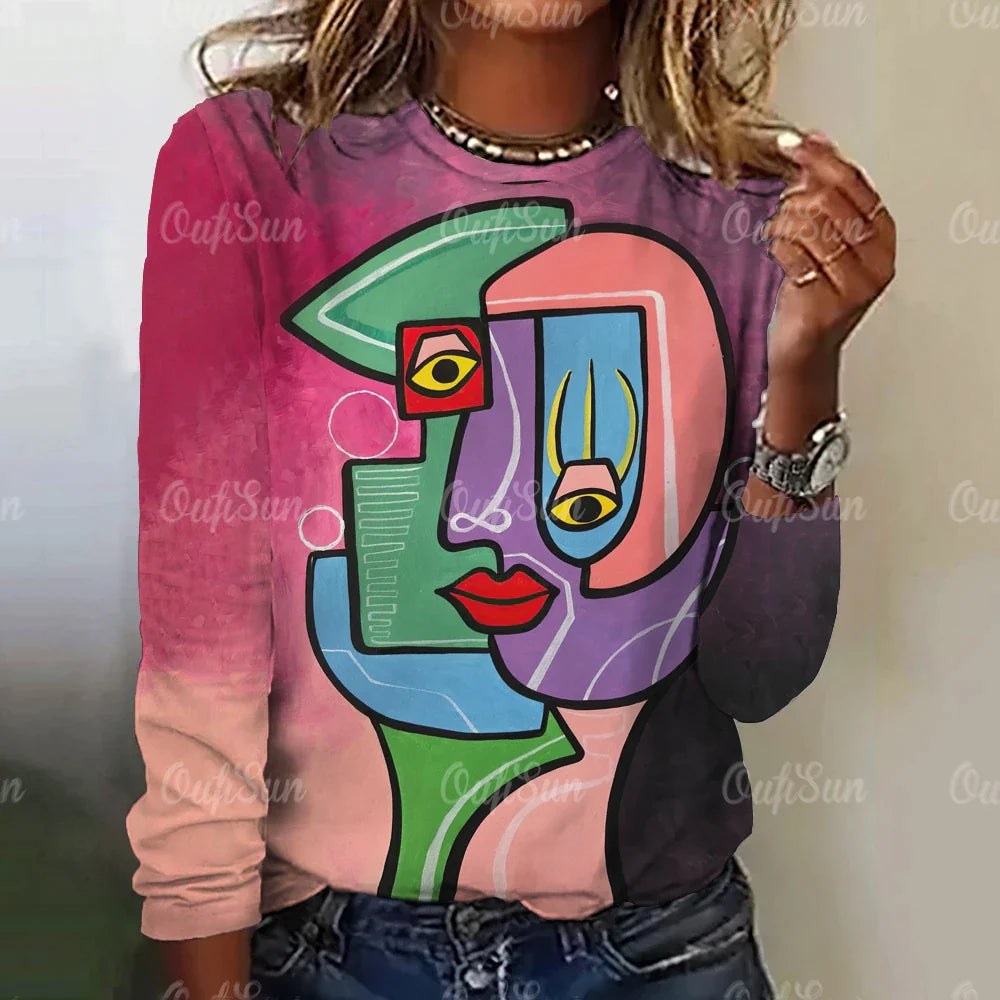 Funny Face Print Women's Long Sleeve T-Shirt | Harajuku Style Gothic Graphic Tee | Oversized Fashion Top for Women & Girls | Perfect for Halloween, Cosplay & Streetwear Outfits