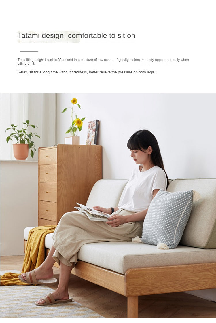 **Solid Oak Wood Tatami Fabric Sofa Bed - Convertible Folding Futon for Small Spaces, Guest Room & Apartment Living**