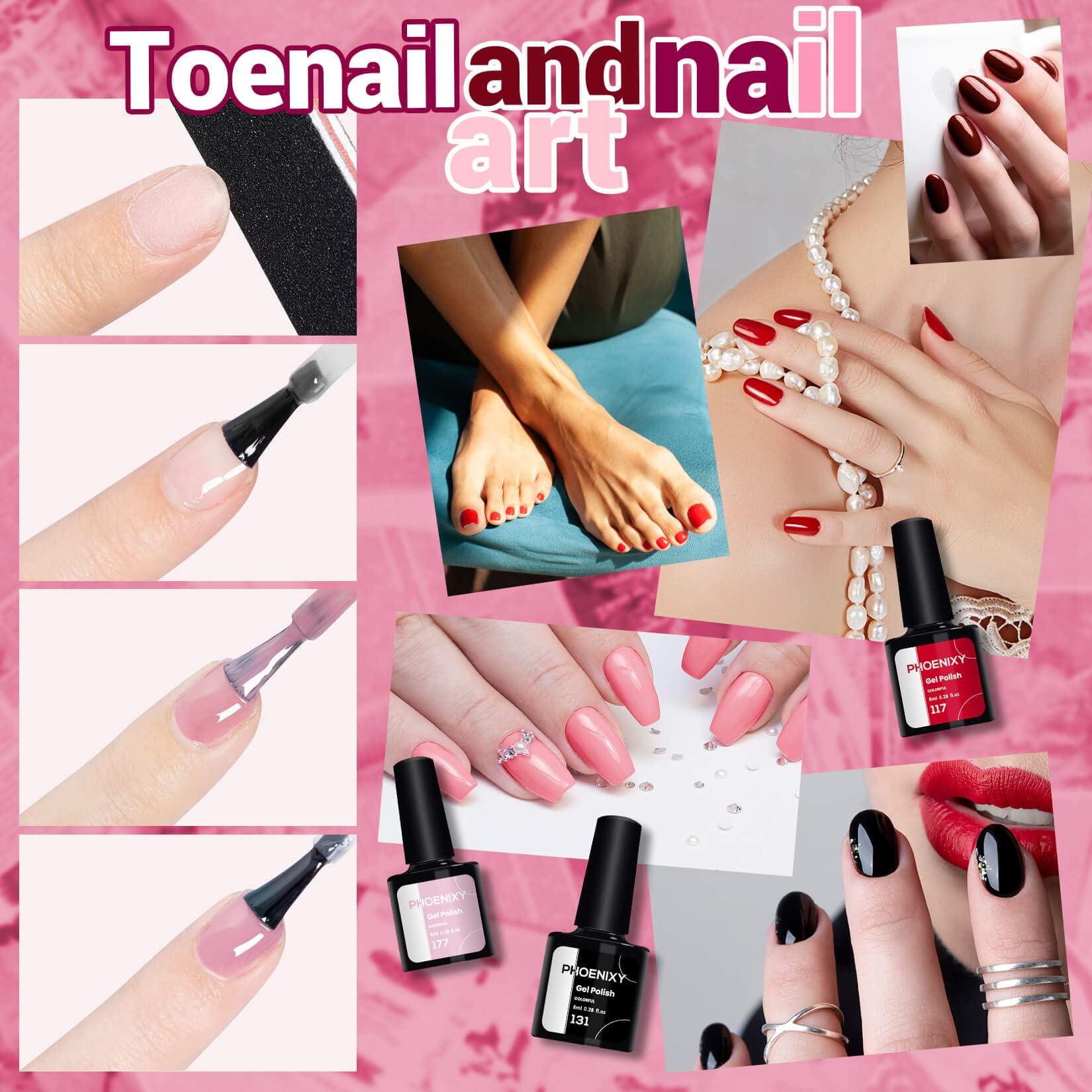 PHOENIXY 40Pcs Gel Nail Polish Kit with 48W UV LED Lamp - Pink Red Black Nail Colors Set for DIY Manicure at Home, Salon Quality Nail Art Gifts for Women & Girls (Perfect for Parties, Weddings, Holidays & Everyday Wear)