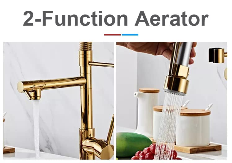 Premium Brass Mixer Tap for Kitchen Sink - Pull Out Sprayer Faucet with 2-Water Flow & 360° Rotation - Hot & Cold Water Mixer - Table Mounted Gold Finish - Ideal for Modern Kitchens, Restaurants & Food Prep Areas
