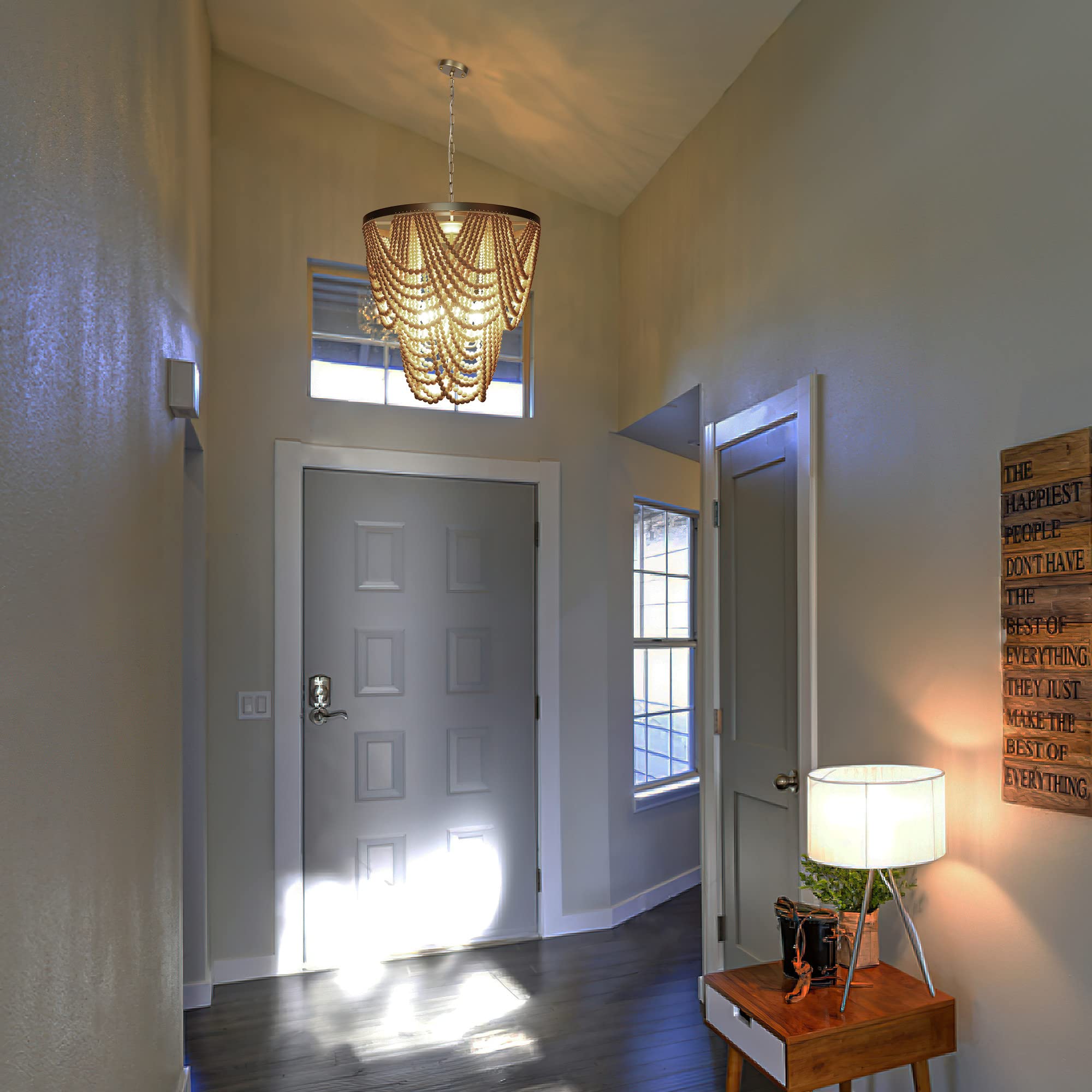 6-Light Bohemian Wood Beaded Chandelier - Gold & Oak Finish Modern Farmhouse Pendant Light for Dining Room, Bedroom, Entryway | Coastal & Rustic Home Decor Lighting Fixture