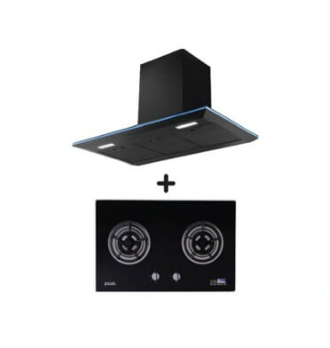 Ellane EH 2690 90cm Black Stainless Steel Designer Chimney Range Hood & WG 2SV 80cm 2-Burner Tempered Glass Gas Cooktop with Safety Features - Modern Kitchen Ventilation & Cooking Solution for Home Chefs
