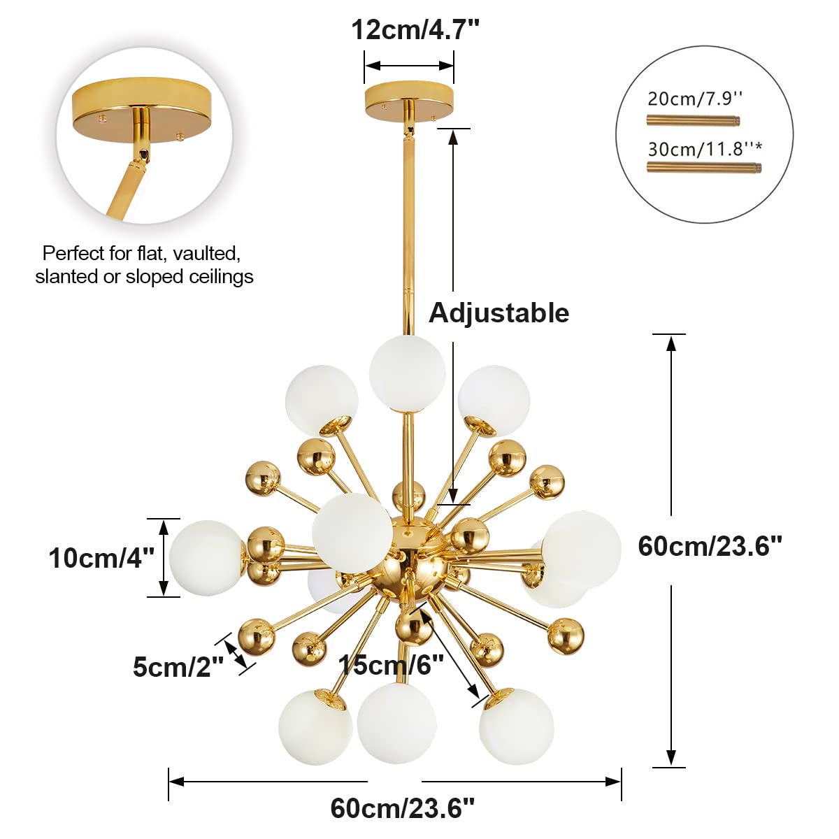 KCO Lighting Sputnik Chandelier - Gold Mid Century Modern Hanging Pendant Light with Frosted Glass - 11-Light Ceiling Fixture for Living Room, Dining Room, Entryway & Bedroom Lighting Decor