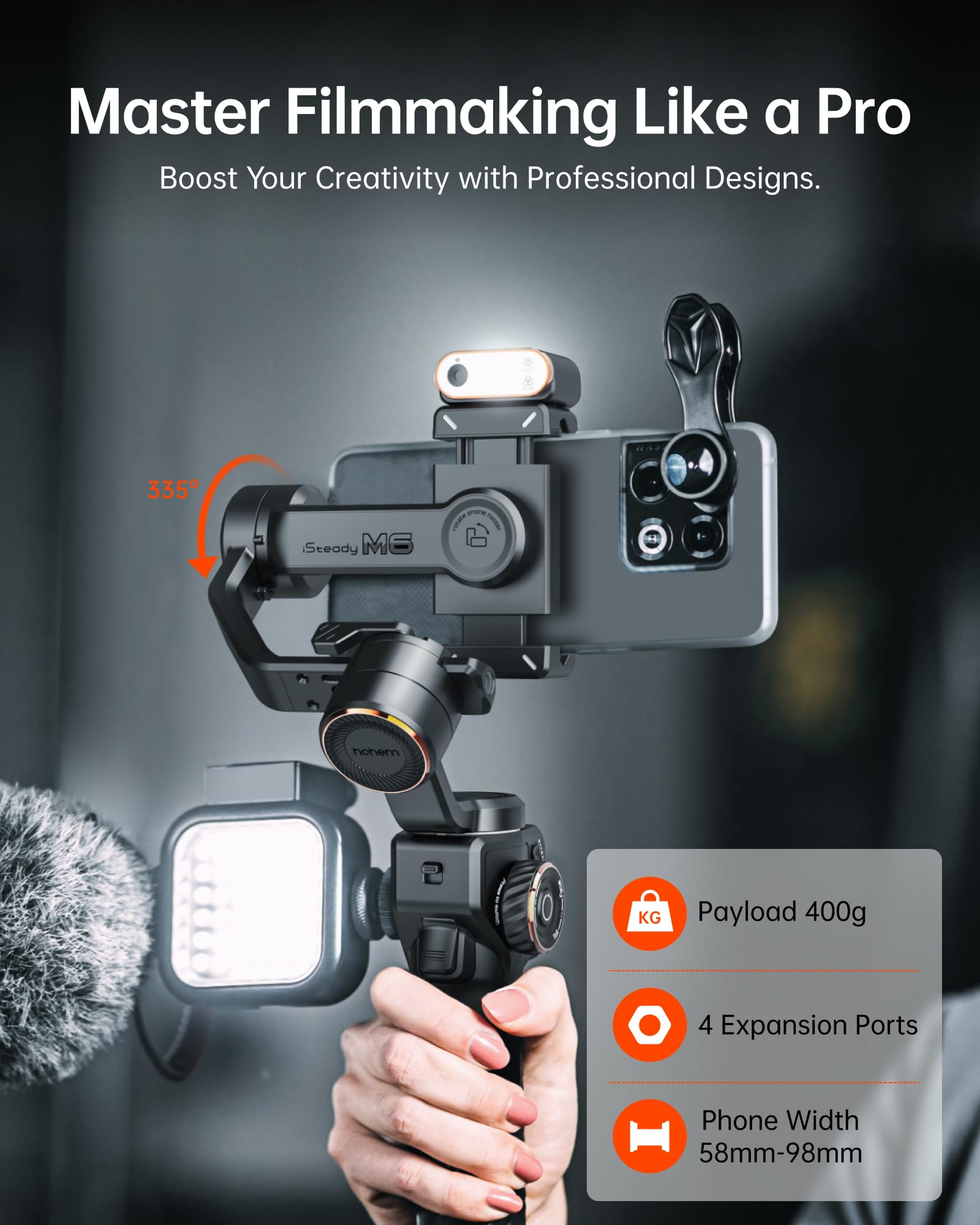 Hohem iSteady M6 3-Axis Smartphone Gimbal Stabilizer with Magnetic AI Tracking, OLED Display & Fill Light - Compatible with iPhone & Android for Smooth Video Recording - Perfect for YouTube, TikTok, Vlogging & Live Streaming