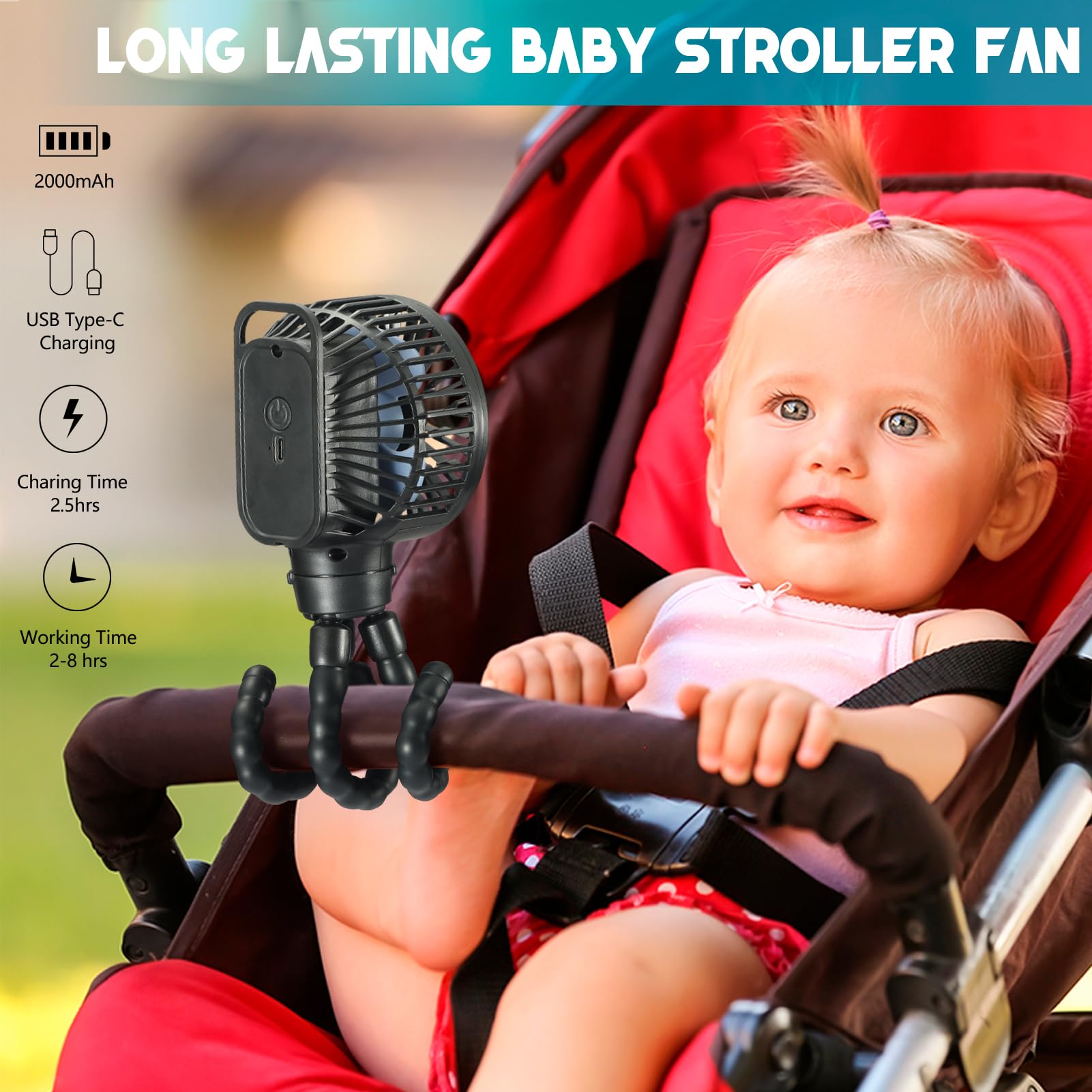 Snawowo Mini Portable Stroller Fan - 3 Speed Rechargeable Battery Operated Handheld Fan with Flexible Tripod & Clip | Perfect for Baby Stroller, Car Seat, Crib, Treadmill, Travel & Camping | Black