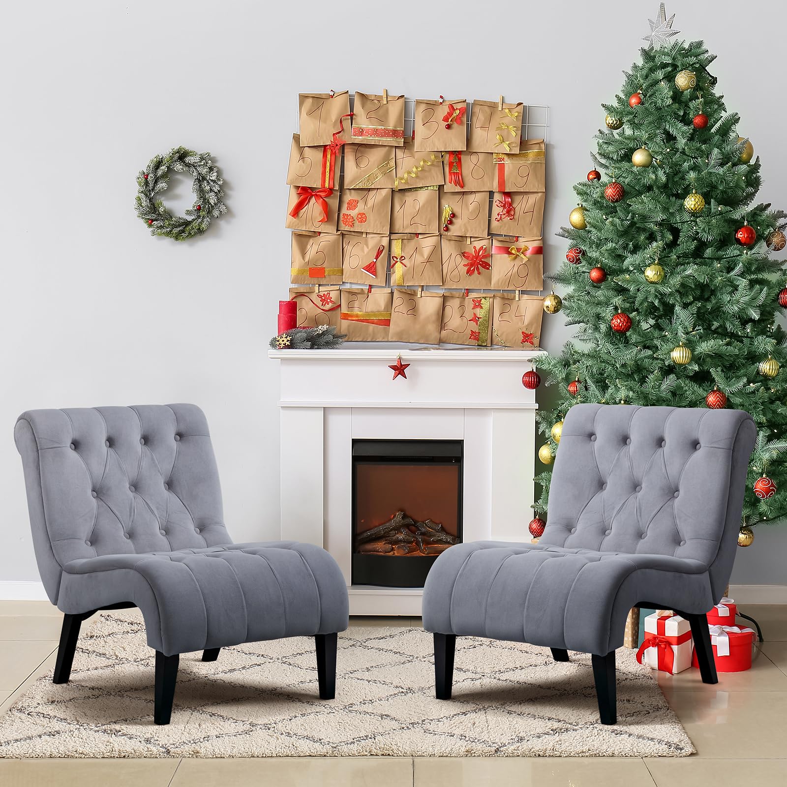 AVAWING 2-Piece Armless Accent Chair Set - Upholstered Button Tufted Living Room Chairs with Sturdy Wood Legs, Soft Frosted Velvet Lounge & Reading Chairs for Bedroom or Office - Modern Grey Home Decor (Perfect for Small Spaces, Reading Nooks & Cozy Corners)