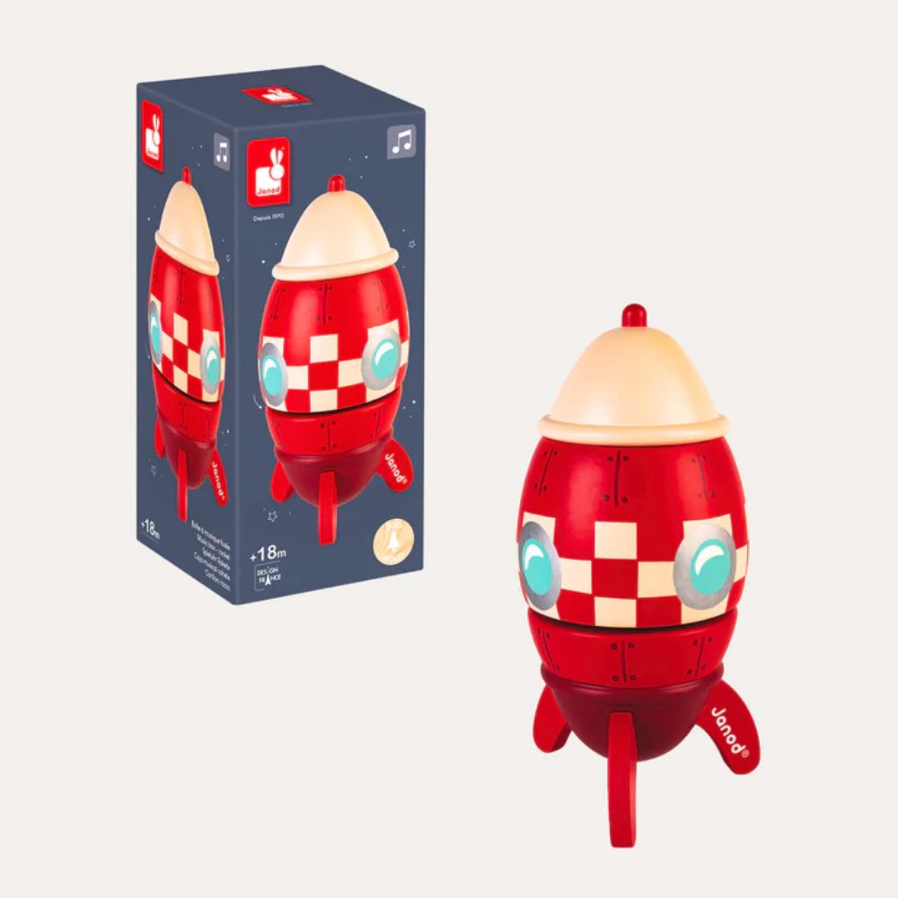 Janod Wooden Rocket Music Box - Handcrafted Musical Gift for Kids, Nursery Decor, Baby Shower Present | Perfect for Bedtime, Playtime & Special Occasions