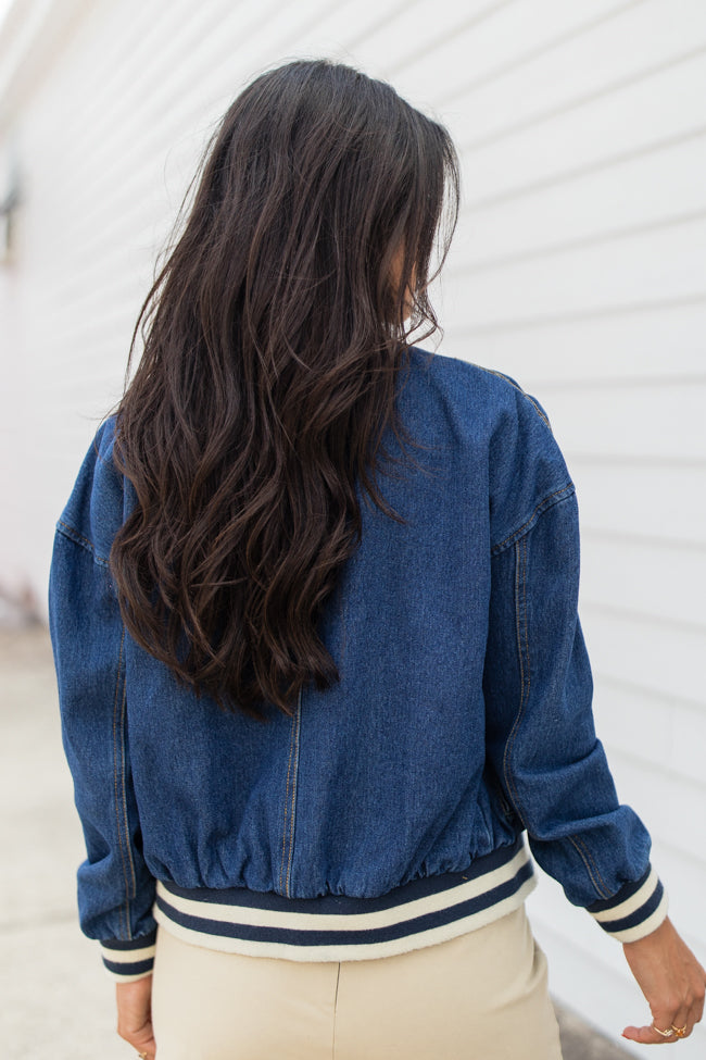 Never Left Me Denim Bomber Jacket for Men & Women | Vintage Distressed Denim Jacket with Ribbed Cuffs | Casual Outerwear for Streetwear, Fall Fashion & Everyday Wear