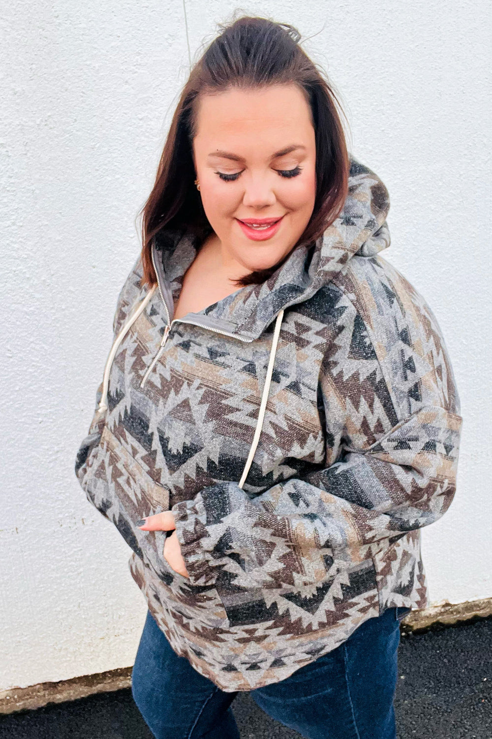 Grey Aztec Half Zip High Neck Hoodie for Men & Women | Warm Winter Pullover Sweatshirt | Outdoor Hiking & Casual Streetwear