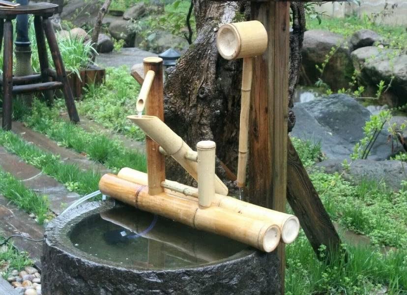 Bamboo Water Feature Fountain with Rocking Pump & Water Wheel - Modern Outdoor Garden Decoration for Patio, Yard, and Zen Relaxation Spaces