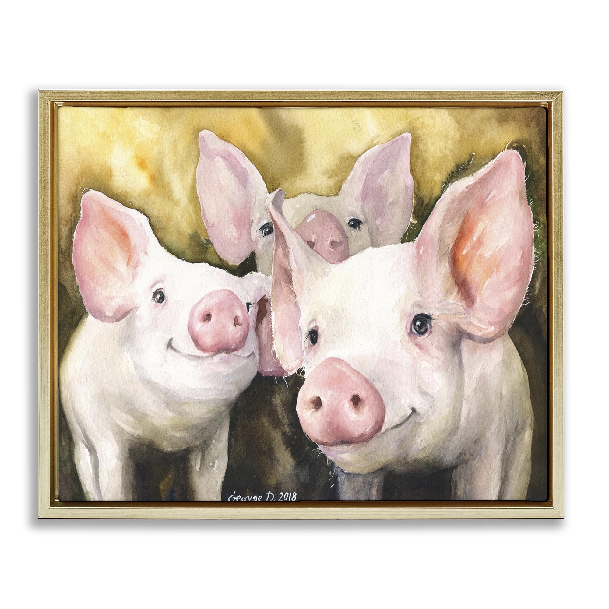 Stupell Industries Baby Pigs Animal Yellow Watercolor Painting - Floater Frame Wall Art by George Dyachenko | Nursery Decor, Kids Room, Farmhouse Style