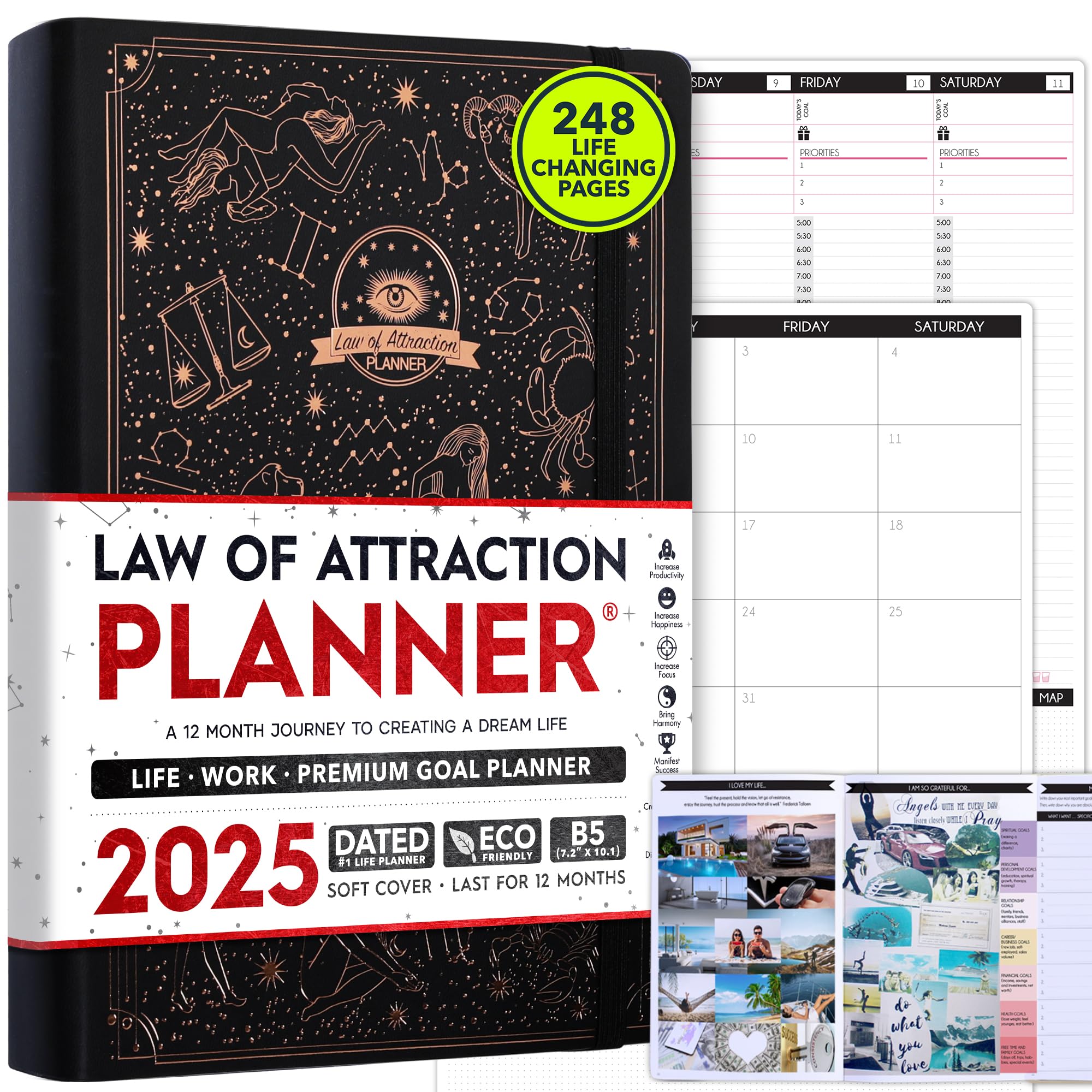 2025 Law of Attraction Planner - Productivity & Goal Setting Journal with Hourly, Weekly, Monthly Layouts | 12-Month Vision Board Planner with Gratitude Pages, Stickers & Gift Box - Perfect for Manifestation, Self-Improvement & Daily Organization