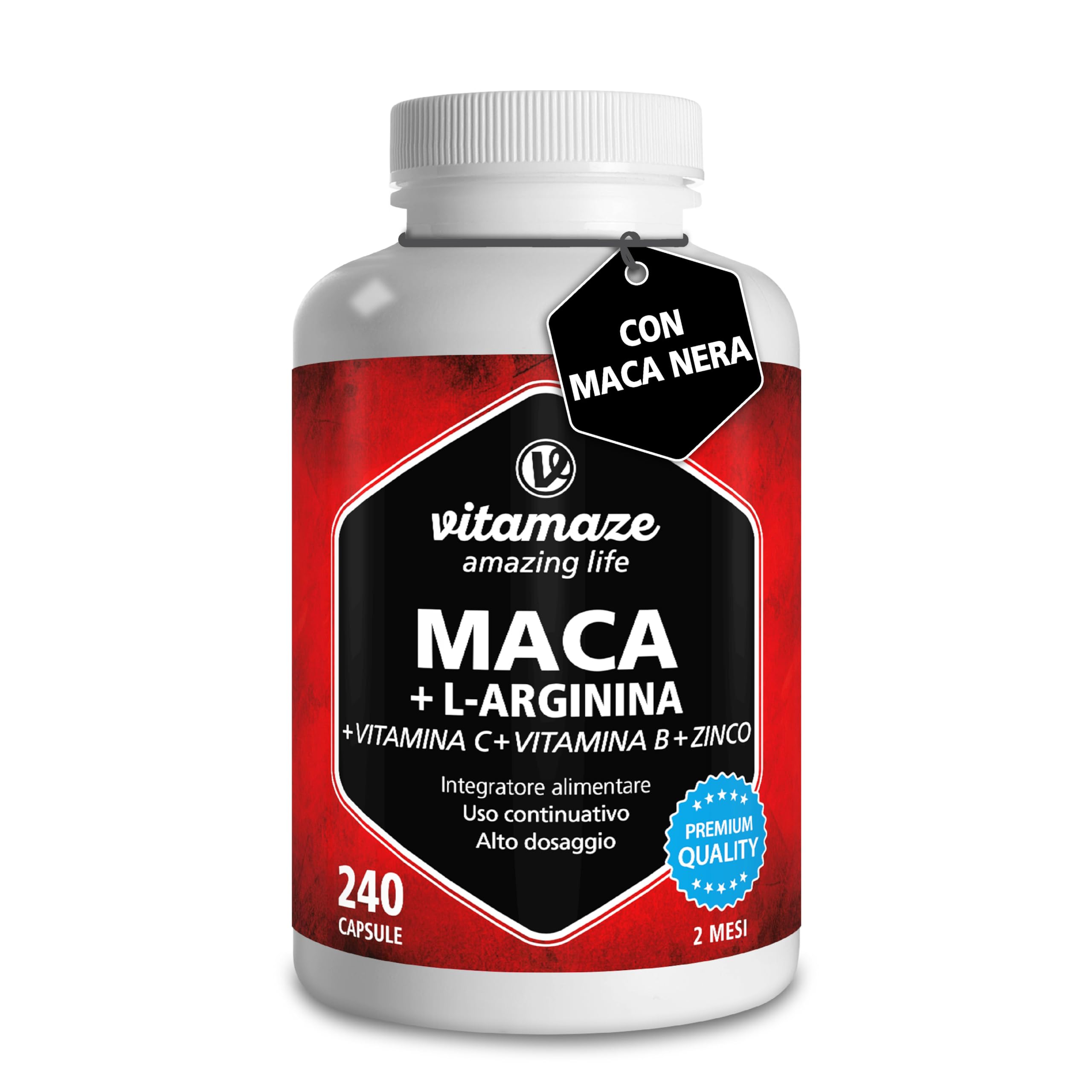 Vitamaze Maca (Black Maca) 4000mg with L-Arginine 1800mg + Vitamin C, B6, B12 & Zinc, 240 Capsules - Peruvian Maca Root from Andes, German Quality, No Additives - Boost Energy, Stamina & Libido for Men & Women