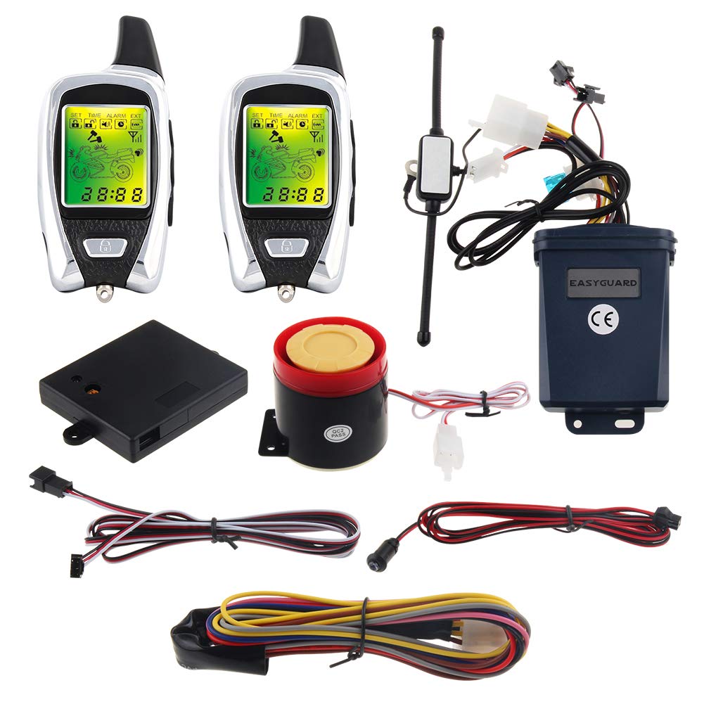 EASYGUARD EM209 Universal 2-Way Motorcycle Alarm System with Remote Engine Start - Microwave Sensor, Colorful LCD Pager Display, Shock & Proximity Sensors (DC12V) - Perfect for Theft Protection & Remote Vehicle Access