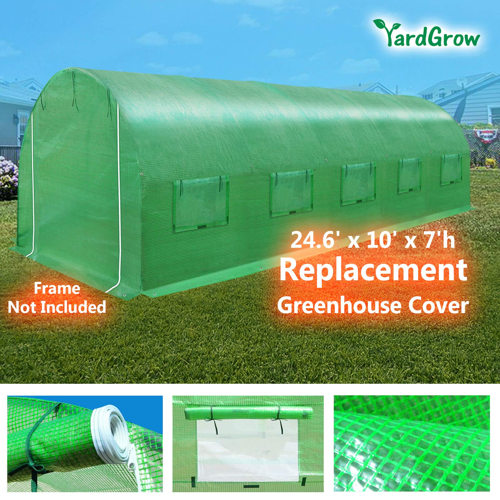 YardGrow 24.6'x10'x7' Greenhouse Replacement Cover - Durable Walk-in Outdoor Plant Gardening Cover (Green) - Perfect for Backyard Gardens, Plant Protection & Seasonal Growing (Frame Not Included)
