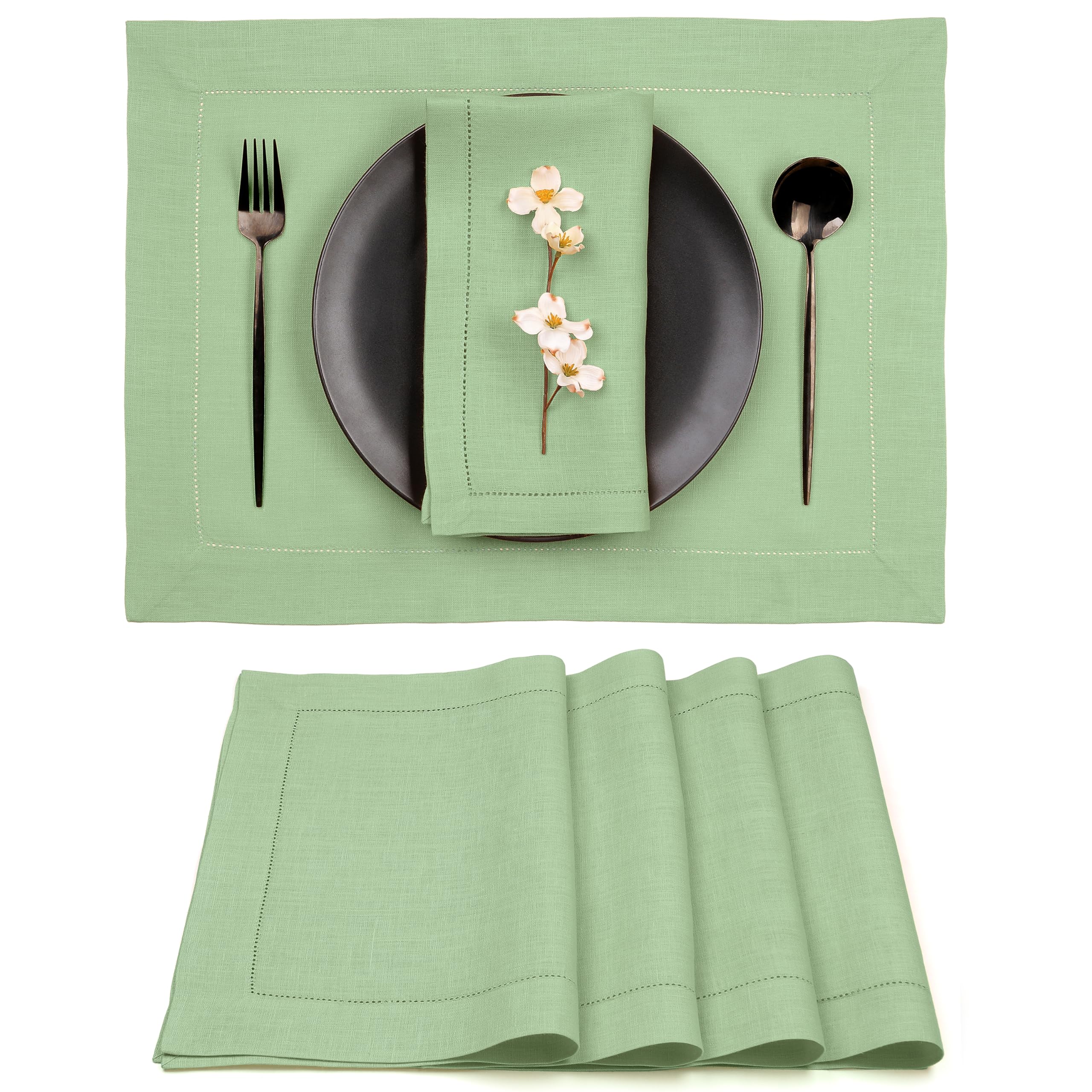 D'Moksha Homes 100% Pure Linen Placemats Set of 4 - Sage Green 14x19 Inch with Classic Hemstitch, Washable Table Mats for Dining, Easter, Spring & Everyday Decor