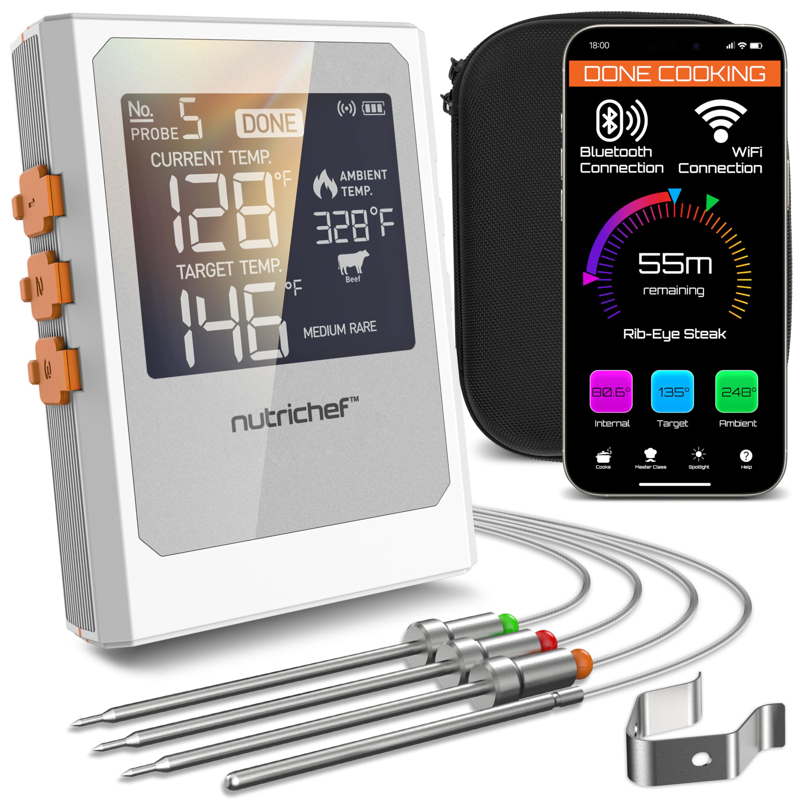 Nutrichef Wireless Meat Thermometer with 2 Stainless Steel Probes - Bluetooth & WiFi Smartphone App for Food Temp Monitoring, Remote Alerts & Digital Display - Perfect for Grilling, BBQ Smoking, Oven Roasting & Sous Vide Cooking