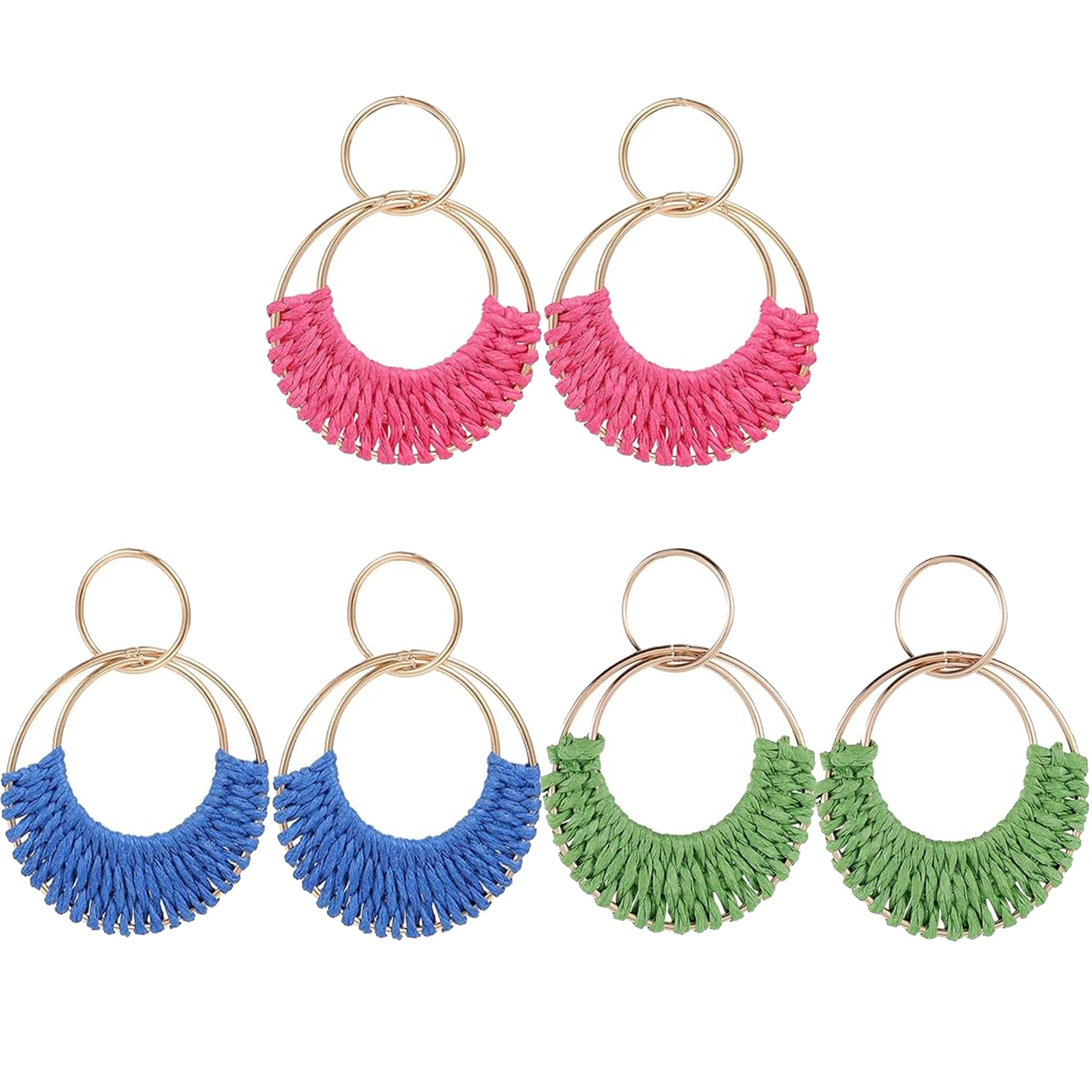 Boho Rattan Weave Hoop Earrings for Women - Lightweight Straw Wicker Dangle Drop Earrings | Summer Beach Party Jewelry, Wedding Accessories & Festival Fashion Statement