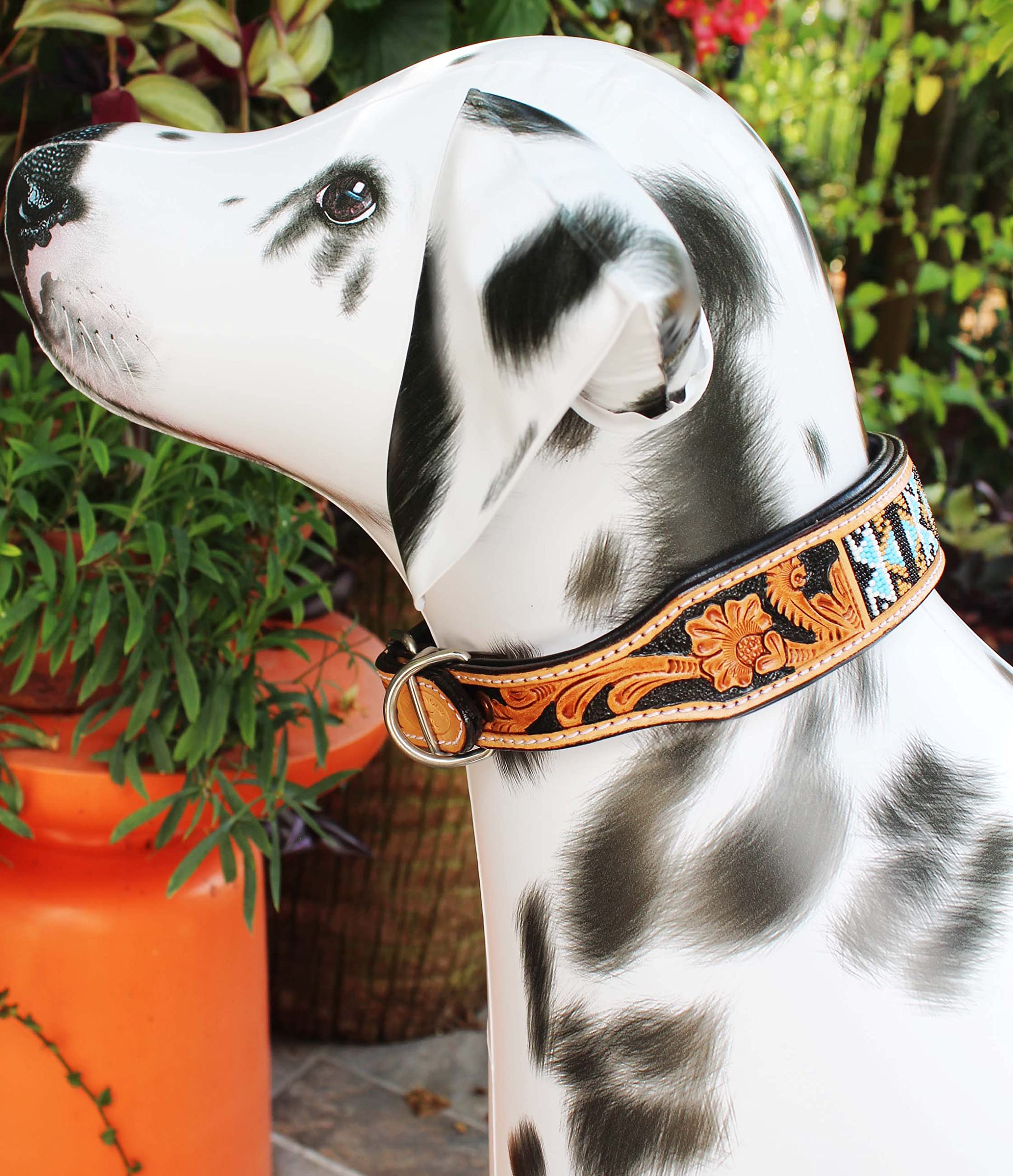 CHALLENGER Hand-Tooled Beaded Padded Leather Dog Collar 60125 - Durable & Stylish Pet Collar for Small to Medium Dogs | Perfect for Walks, Training & Fashion Accessory