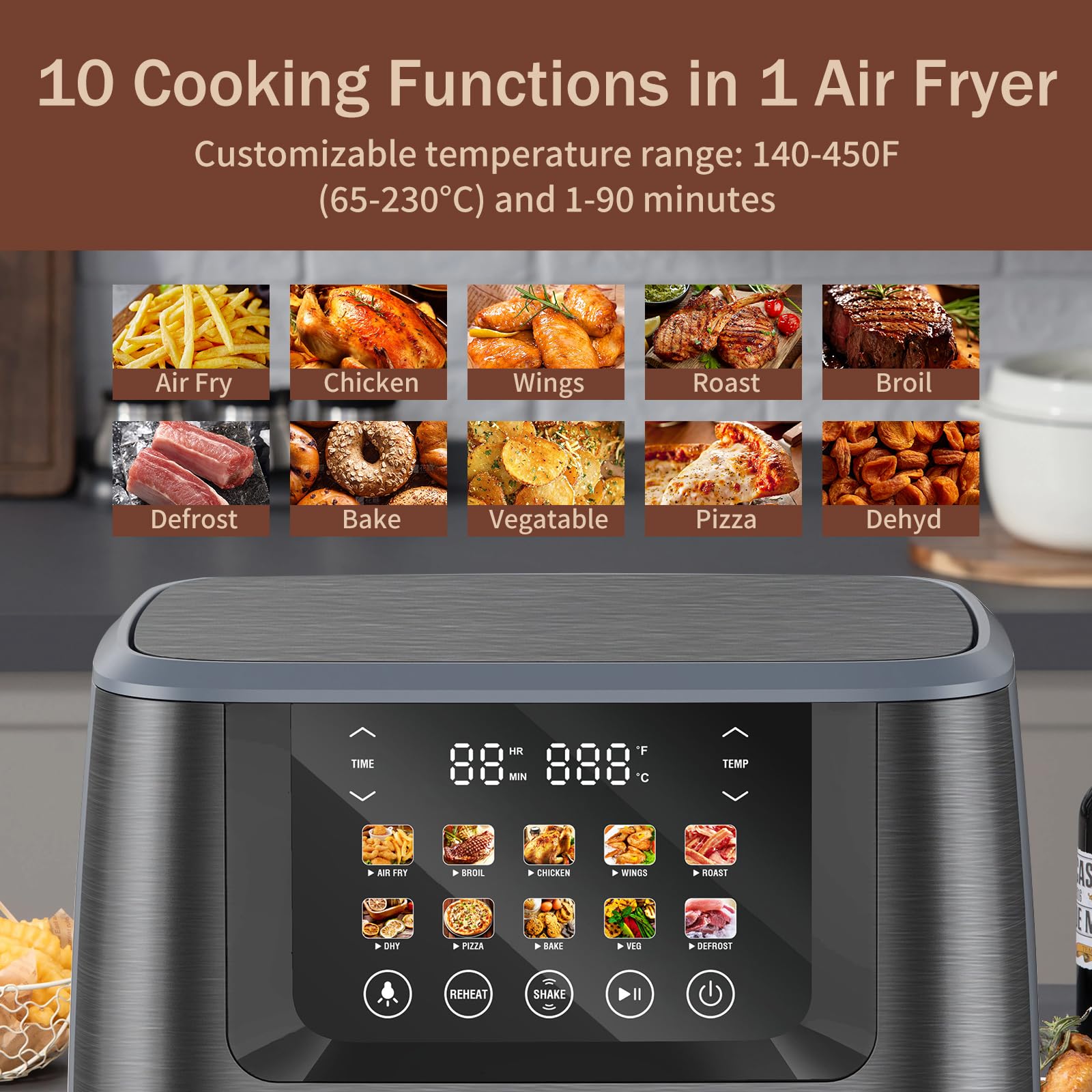 SEEDEEM Max XL 8-Quart Air Fryer Toaster Oven Combo - 10-in-1 Multi-Function Countertop Convection Oven with LCD Touchscreen, ClearCook Window for Baking, Roasting, Broiling, Dehydrating (Gray) - Perfect for Family Cooking, Healthy Meals & Party Snacks
