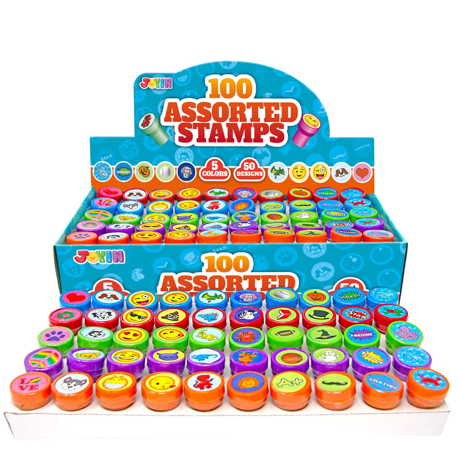 JOYIN 100PCS Assorted Self-Inking Stamps for Kids - 50 Fun Designs Including Dinosaurs & Halloween - Perfect for Party Favors, Classroom Rewards, Easter Egg Stuffers & Teacher Supplies - Great for Arts & Crafts, Scrapbooking & Kids' Treasure Box Activities