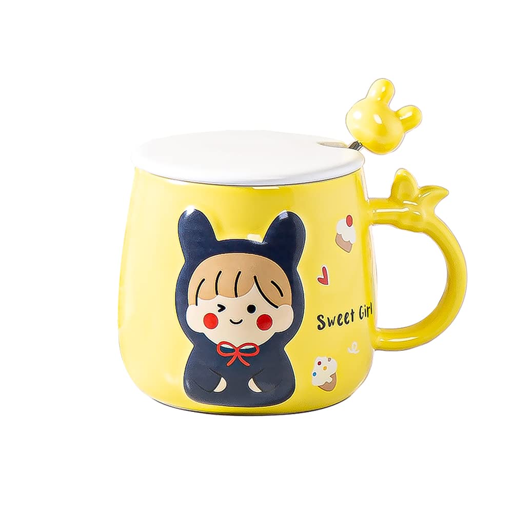 LUOZZY Cute Yellow Coffee Mug with Handle & Spoon - 400ml Insulated Travel Cup for Coffee, Tea, Milk - Perfect Valentine's Day Gift for Her/Him, Office & Home Use