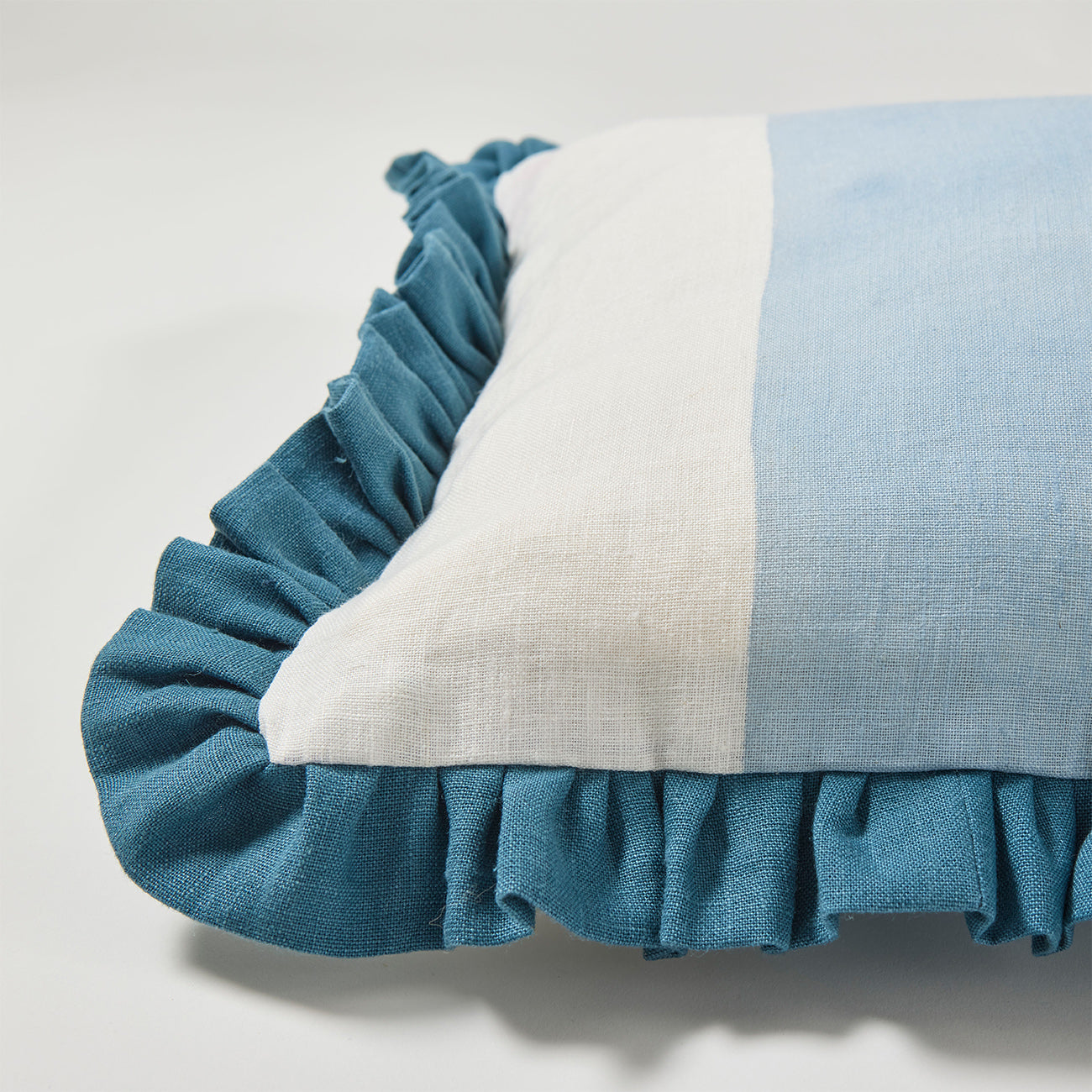Blue Wide Stripe Cushion with Frill - Perfect for Sofa, Bed, and Home Decor