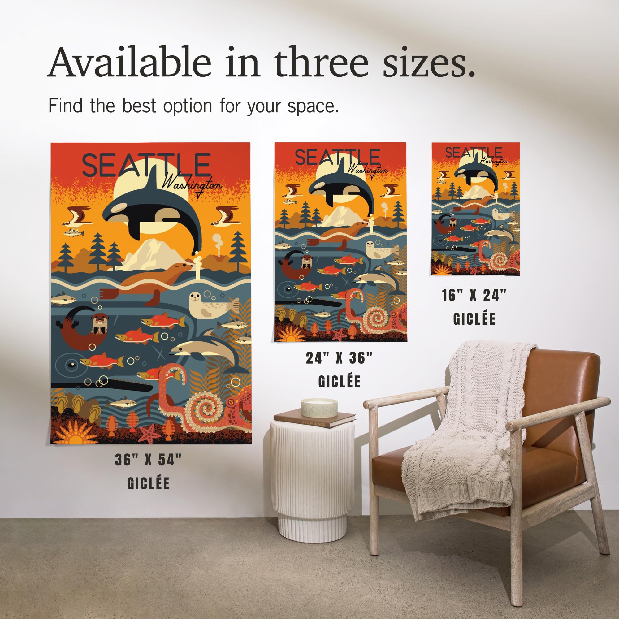 Lantern Press 16x24 Inch Giclee Art Print - Seattle Washington Marine Animals Geometric Wall Decor | Perfect for Living Room, Bedroom & Office