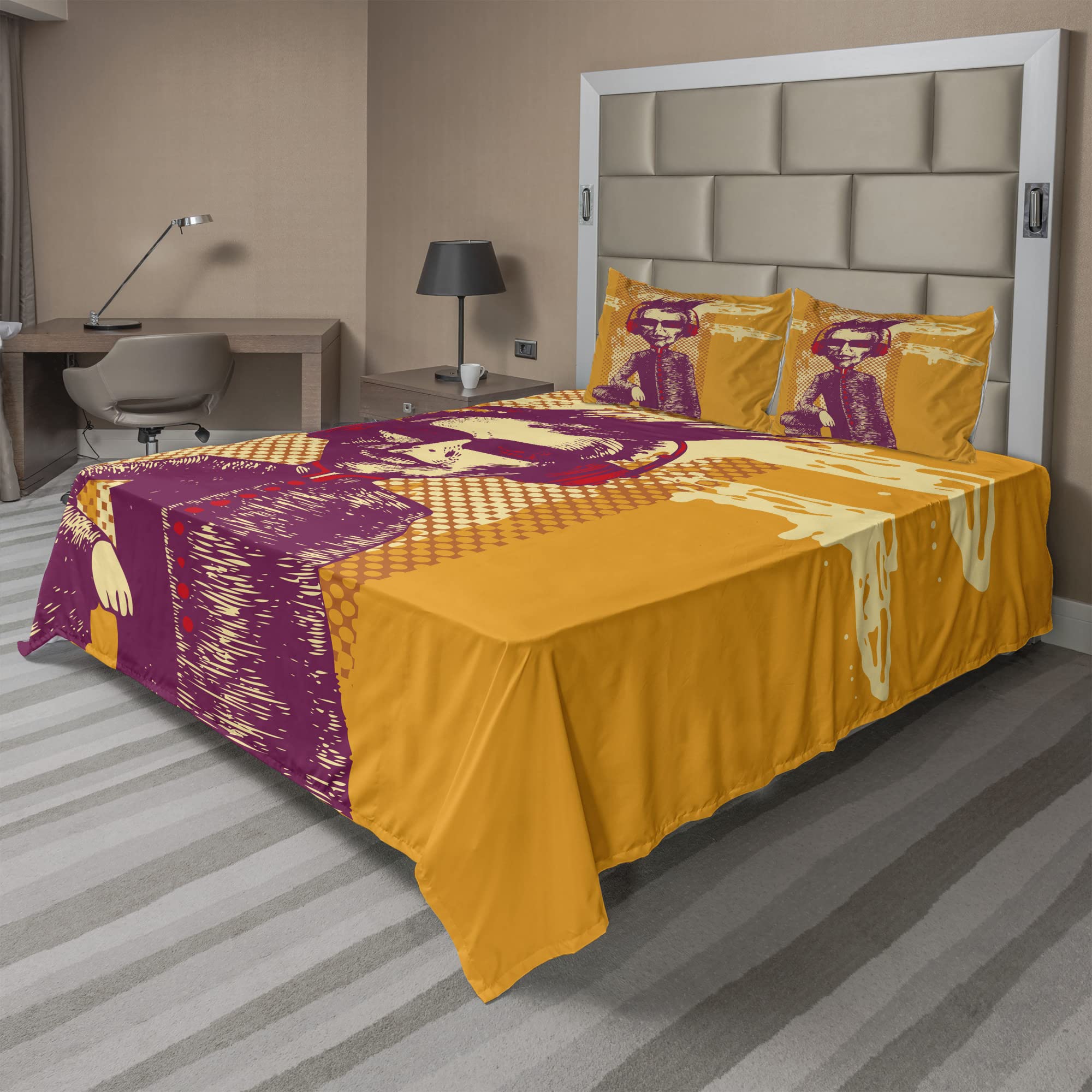 Ambesonne Modern 4-Piece Sheet Set - King Size, Marigold Maroon with Grunge Music Culture Illustration | Fitted Sheet, Flat Sheet & 2 Pillowcases | Soft Bedding for Contemporary Bedrooms, Dorm Rooms & Guest Rooms