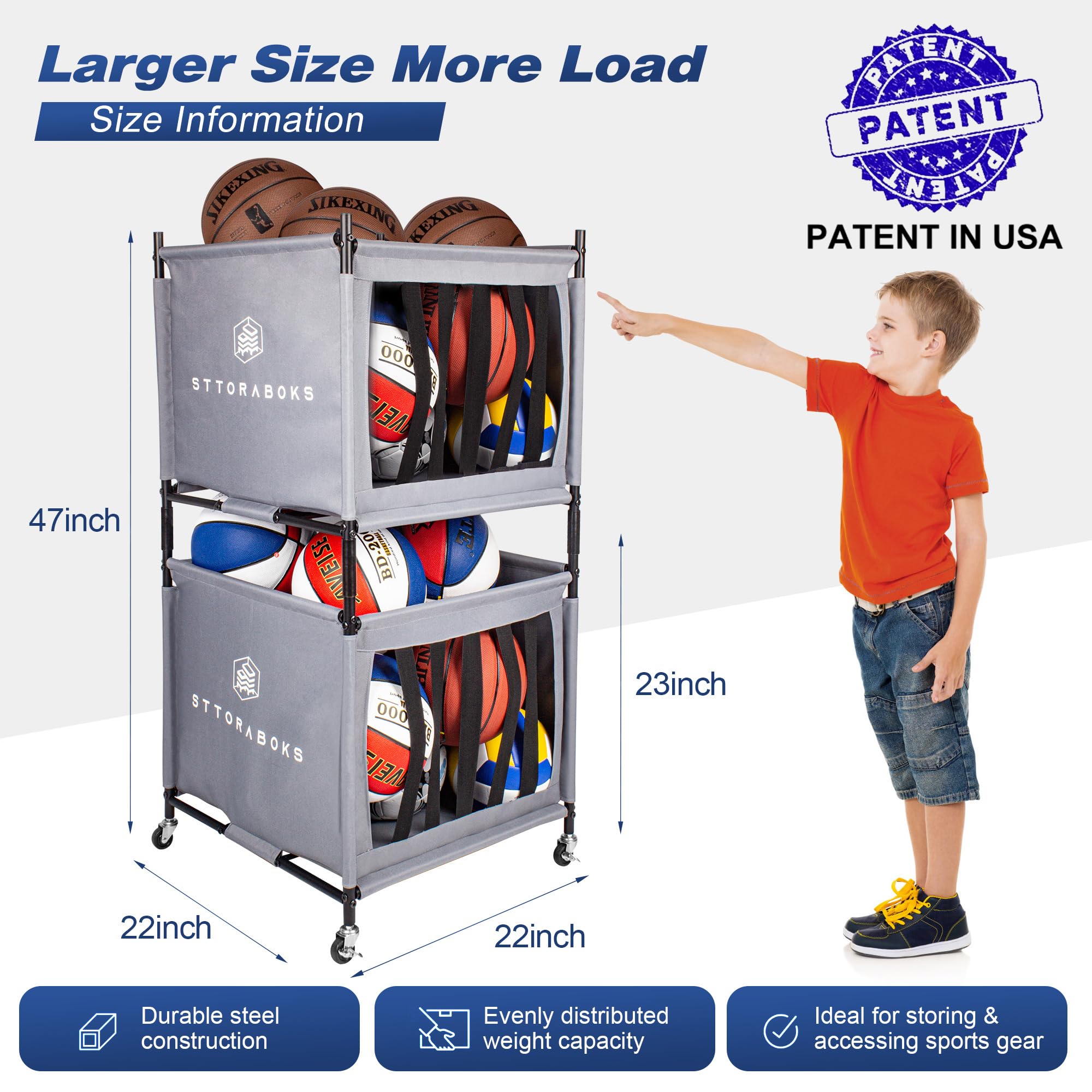 Lockable Sports Ball Storage Cart with Wheels - Stackable Ball Organizer Basket with Elastic Straps for Garage, Gym & Sports Equipment | Portable Ball Cage for Basketball, Soccer, Volleyball & Playground Use