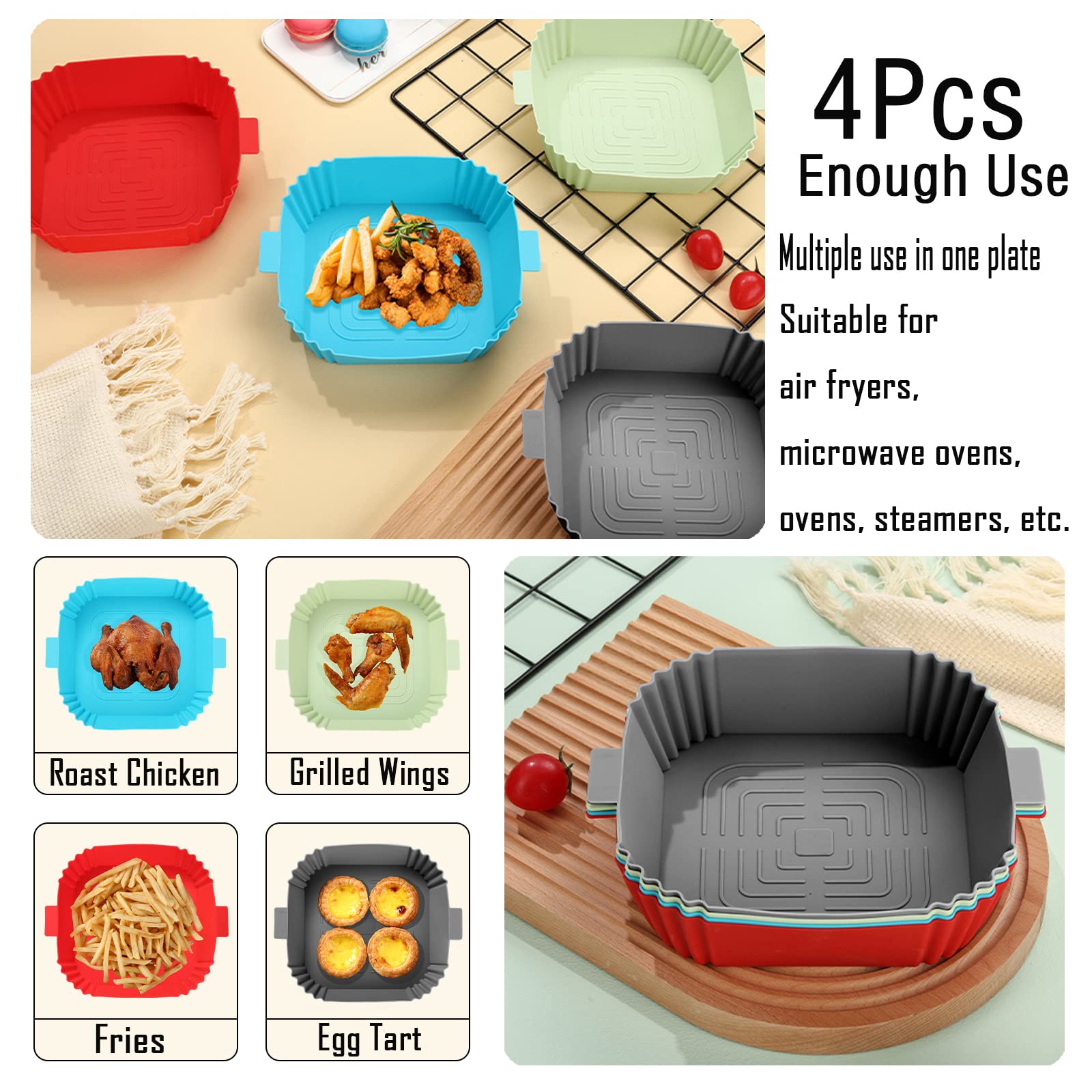Non-Stick Silicone Air Fryer Liners - 4 Pack 7.6 Inch Square Reusable Baking Mats for 3-6QT Air Fryers | Safe Parchment Paper Alternative | Dishwasher Safe & Easy Clean | Perfect for Roasting Veggies, Cooking Chicken Wings & Reheating Leftovers