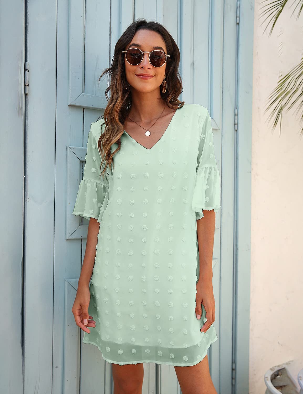 Blooming Jelly Women's White Summer Dress - Short Sleeve V-Neck Ruffle Chiffon Flowy Mini Shift Dress for Beach, Party & Casual Wear