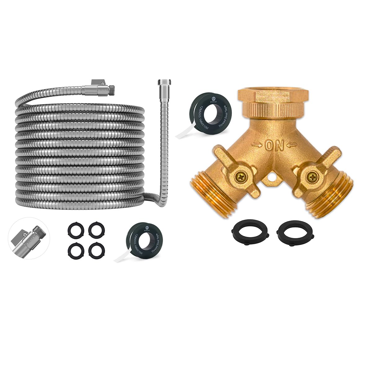 Morvat 50ft Stainless Steel Garden Hose with All Brass Hose Splitter - Heavy Duty Water Hose for Lawn, Garden, Car Washing & Outdoor Cleaning