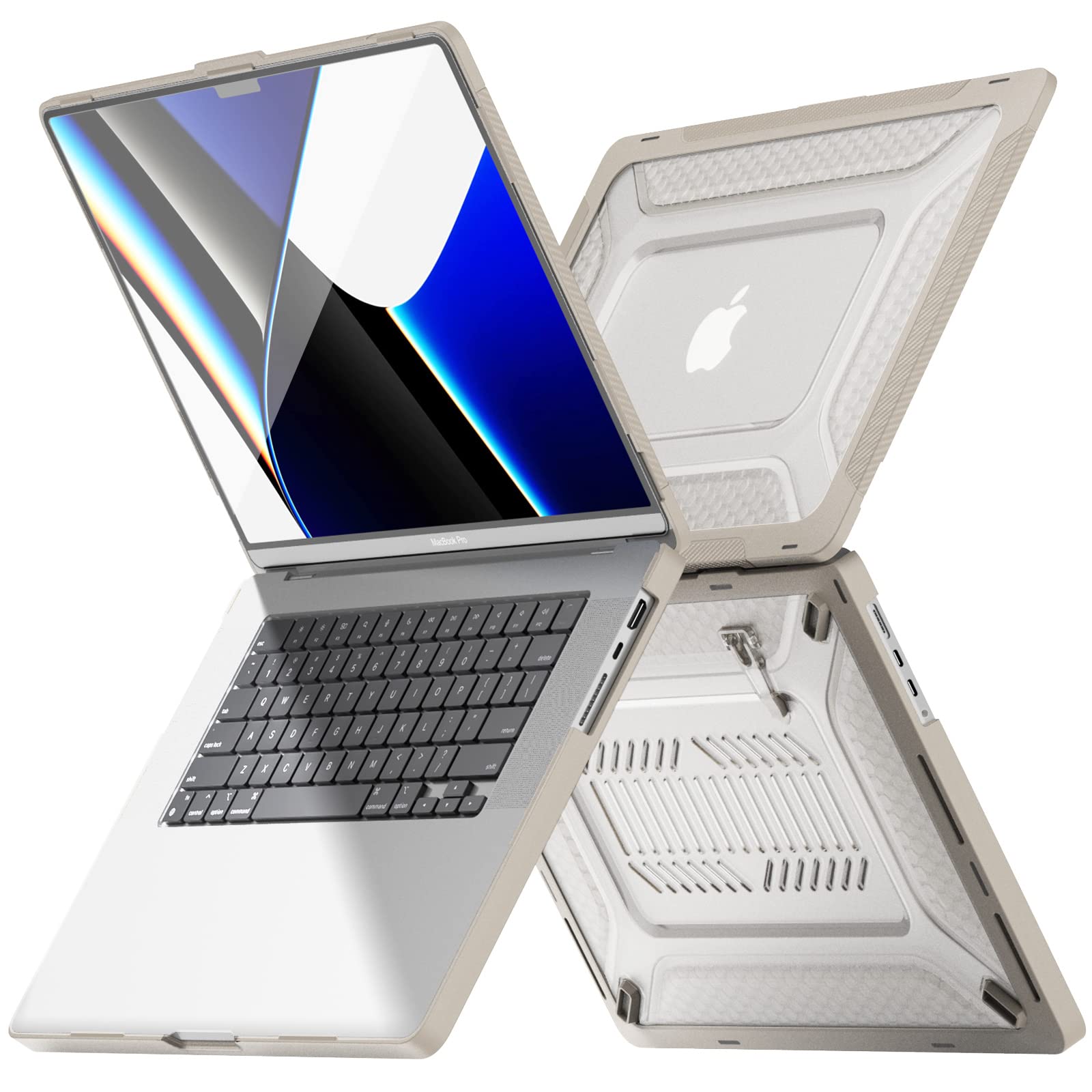SEYMAC Shockproof Hard Shell Case for MacBook Pro 16 inch 2021-2023 (A2780/A2485) - M1/M2 Pro/Max Compatible Protective Cover with Built-in Stand & Mouse Pad - Apricot | Perfect for Travel, Office & Home Use