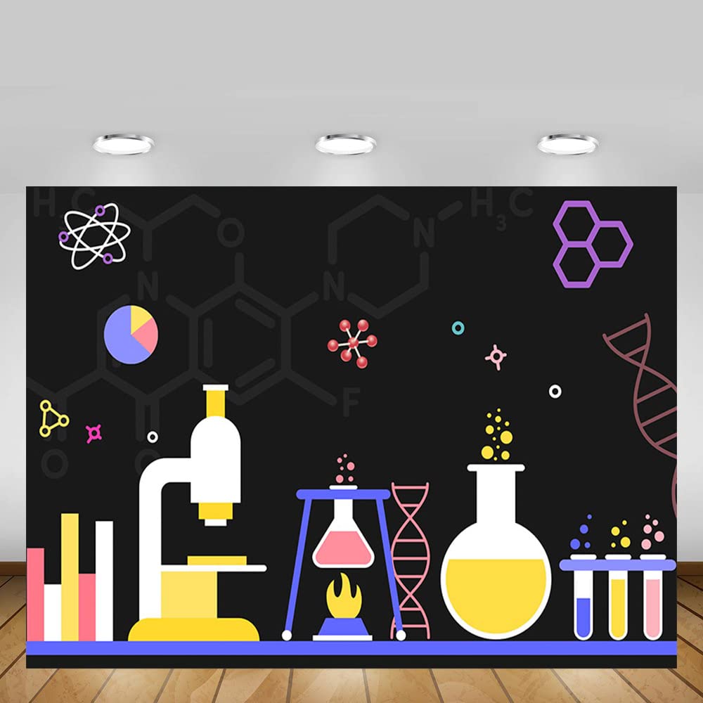 MEHOFOND 8x6ft Mad Science Party Backdrop - Black Scientist Theme Photography Background for Birthday Decorations, School Events & Photo Studio (Great for Science Themed Parties, Classroom Decor & Creative Photography)