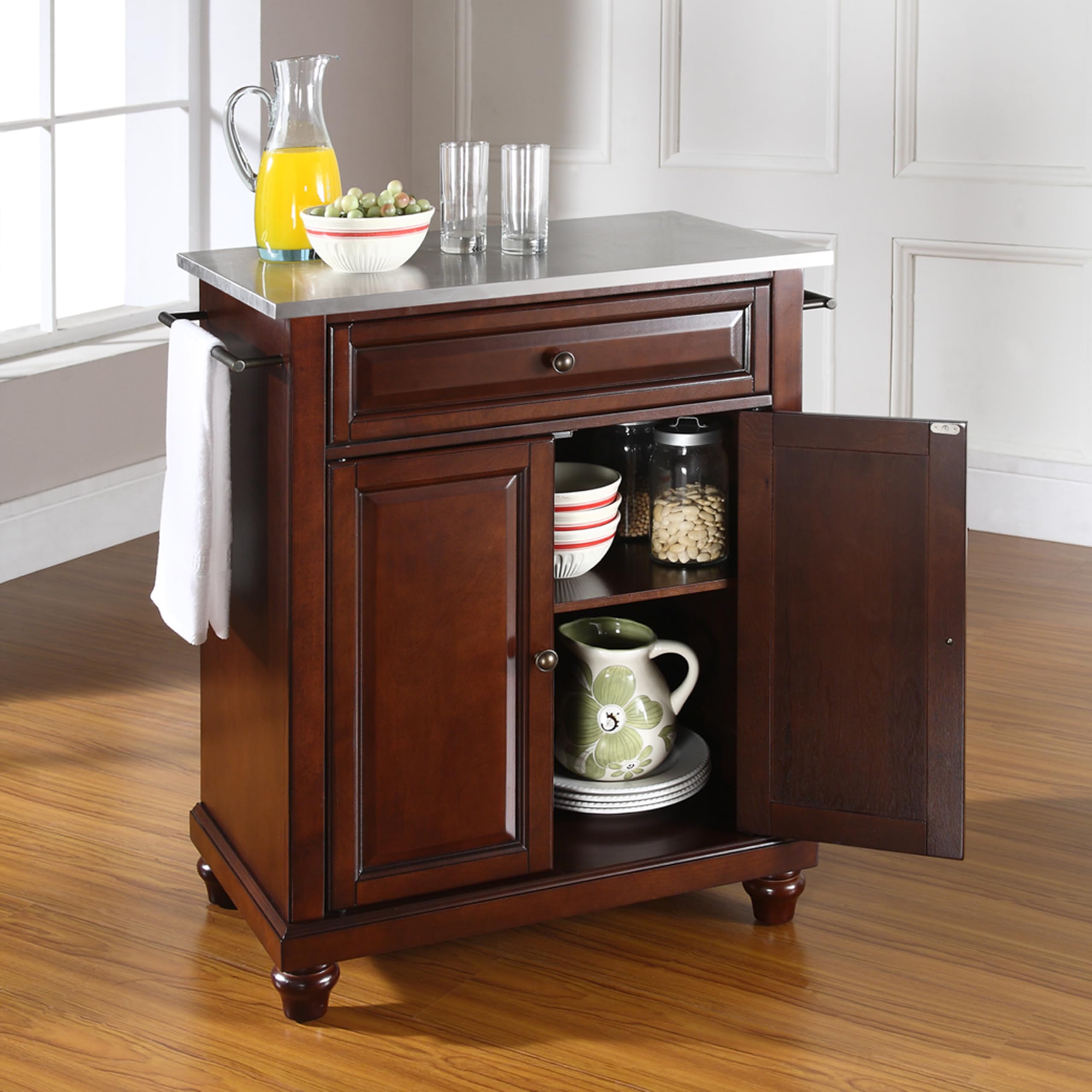 Crosley Cambridge Stainless Steel Top Rolling Kitchen Island Cart with Storage - Microwave Stand, Mahogany Finish for Small Spaces | Perfect for Compact Kitchens, Dining Areas & Mobile Food Prep Stations