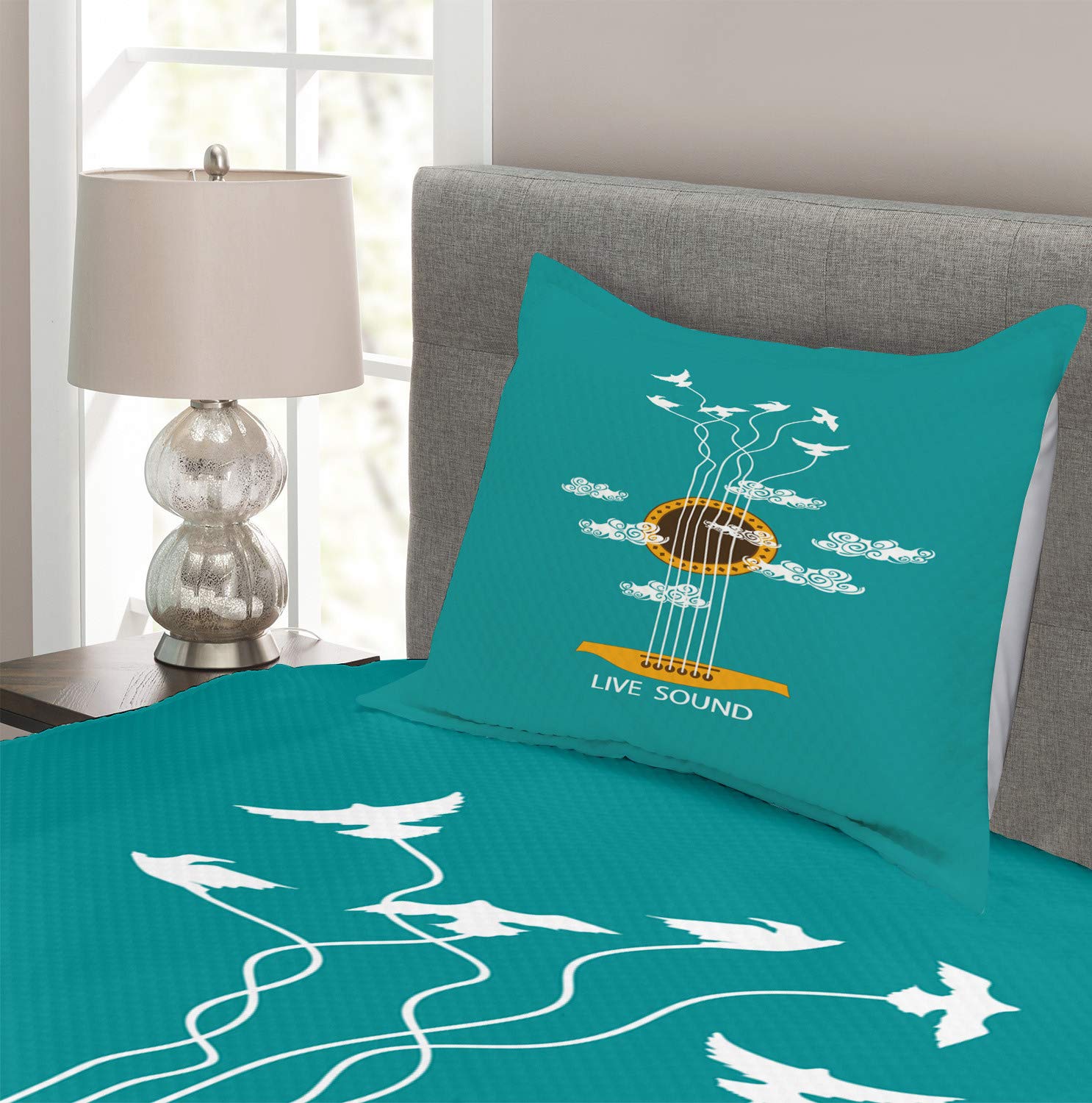 Ambesonne Guitar Bedspread Set - Abstract Music Themed Bedding with Birds on Strings & Clouds Design, 3-Piece Decorative Coverlet & 2 Pillow Shams, Twin Size in Turquoise Marigold White | Perfect for Music Lovers' Bedrooms, Dorm Rooms & Bohemian Decor