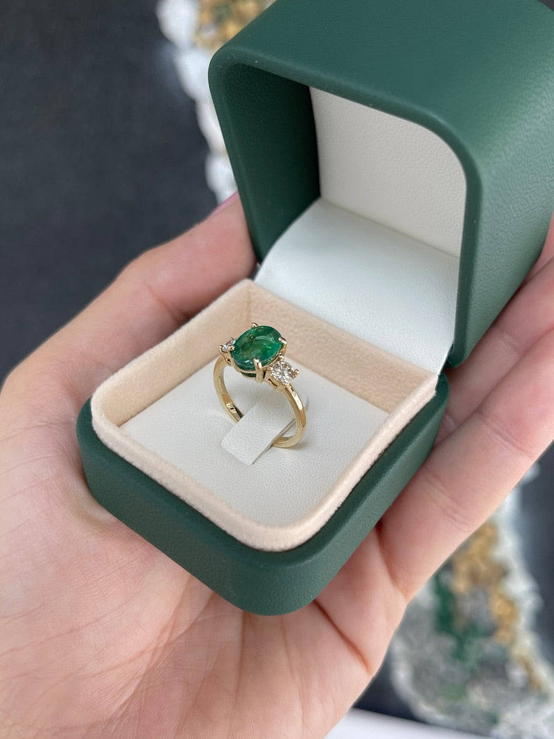 2.60 TCW 14K Gold Oval Cut Emerald & Round Diamond 3 Stone Engagement Ring – Elegant Prong Setting for Proposals, Anniversaries & Special Occasions