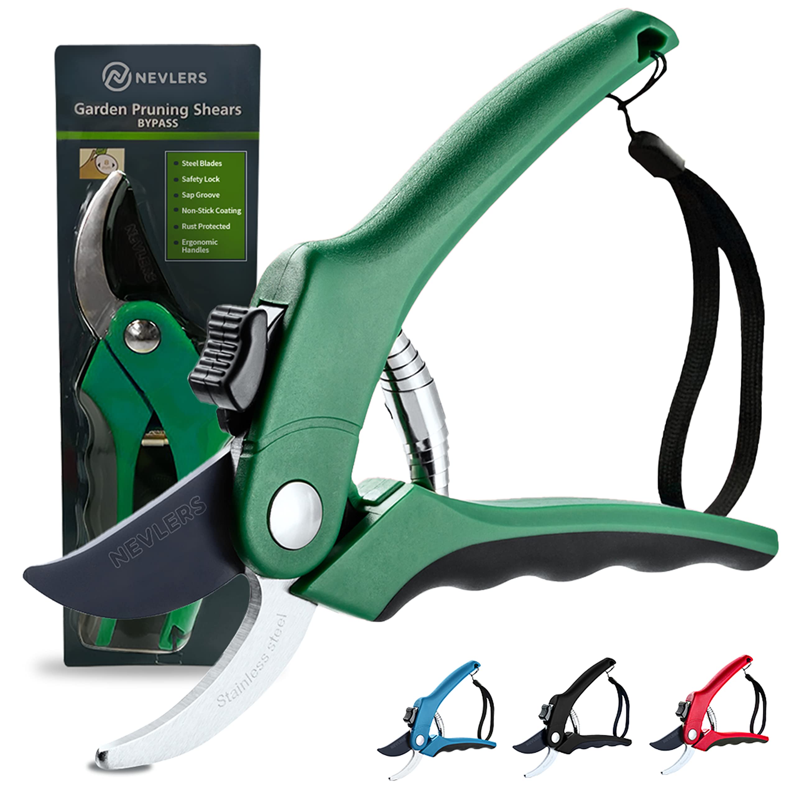 Nevlers 8 Inch Green Bypass Pruning Shears - Stainless Steel Garden Shears with 8mm Cut Capacity | Ergonomic Hand Pruners for Trimming Plants, Flowers & Shrubs | Perfect Gardening Tools for Men & Women | Ideal for Home Garden, Landscaping & Outdoor Use