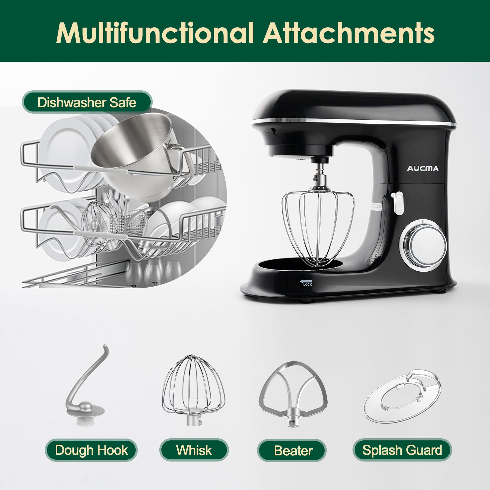 **Aucma 8.5QT 900W Tilt-Head Stand Mixer - Large Capacity Electric Kitchen Mixer with Dough Hook, Wire Whip & Beater (Black) - Perfect for Baking Bread, Cakes, Cookies & More**