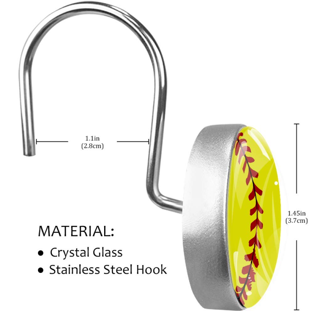 12-Pack Softball Print Crystal Glass Shower Curtain Hooks - Decorative Bathroom Accessories for Sports Theme & Modern Home Decor